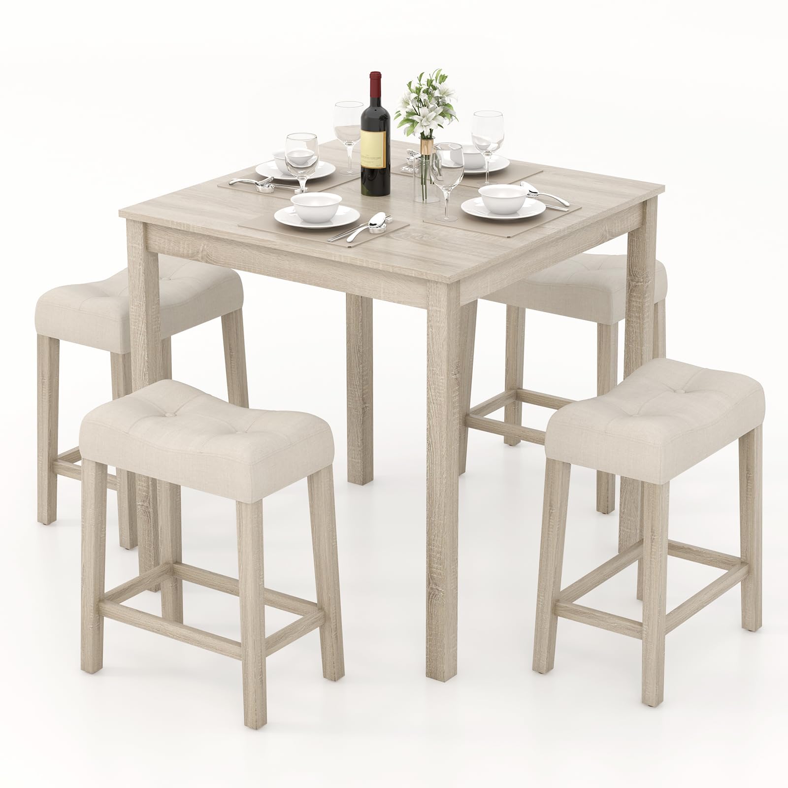 NAFORT 5 PCS Small Dining Table Set, Farmhouse Breakfast Nook Set with 4 Upholstered Saddle Stools, Space-Saving Wooden Bar Table Set for Living Room, Dining Room, Home Bar& Kitchen