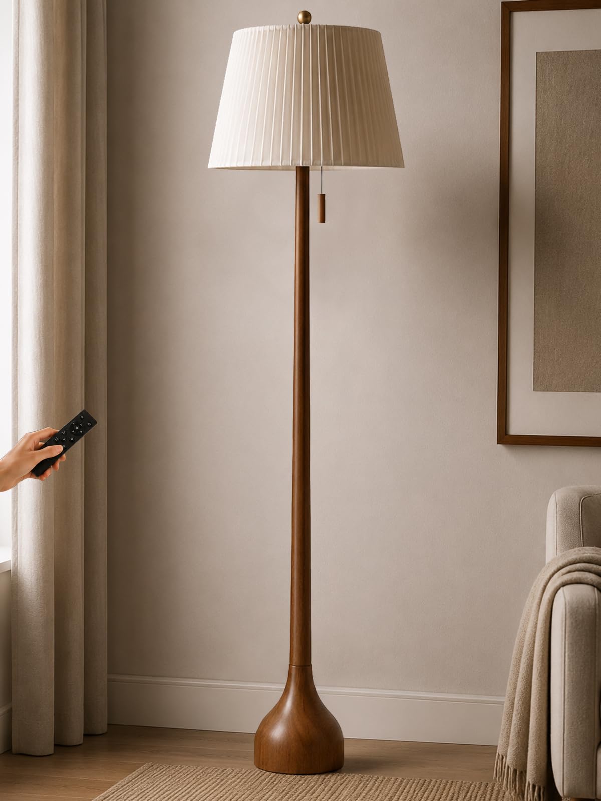 MOFFE 65" Mid Century Real Wood Floor Lamp with Remote, Sculptural Standing Lamp with Teardrop Base & Wooden Pull Chain, Dimmable with Adjustable Color Temperature & Timer (Bulb Included)