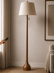 Mid-Century Solid Oak Wood Floor Lamp with Remote & Pull Chain
