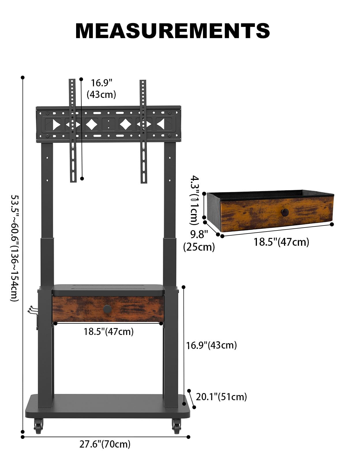Rolling TV Stand with Drawer Storage