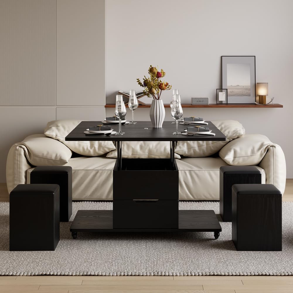 homary Coffee Table with Stools, Black 3-in-1 Modern Lift-Top Folding Center Table with Hidden Storage, Casters, and Lockable Wheels ¨C Convertible Dining & Office Table for Living Room