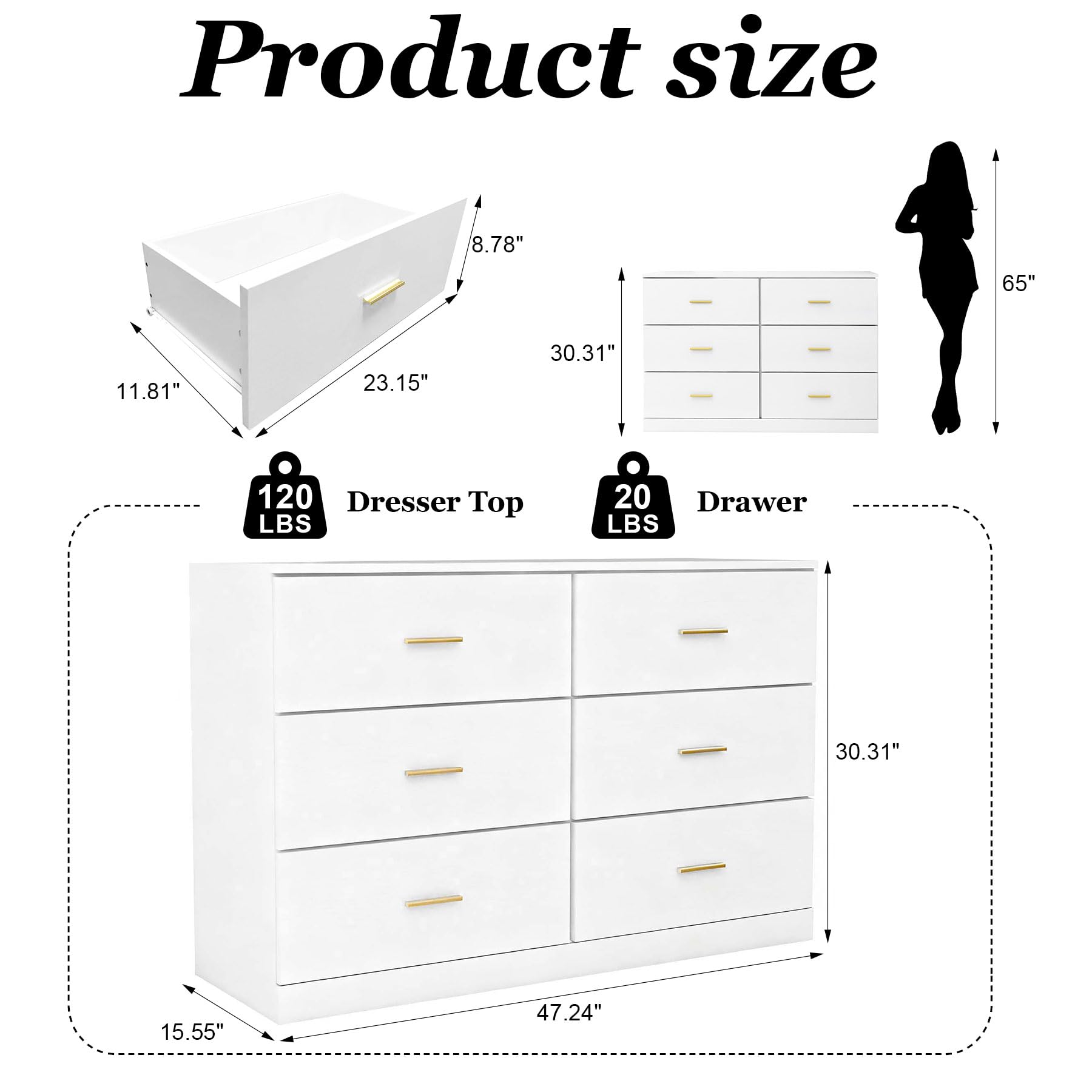 YMW 47" Modern White Dresser for Bedroom, 6-Drawer Wooden Chest of Drawers with Gold Handles,Wide Storage Cabinet for Living Room, Kid&Nursery Entryway