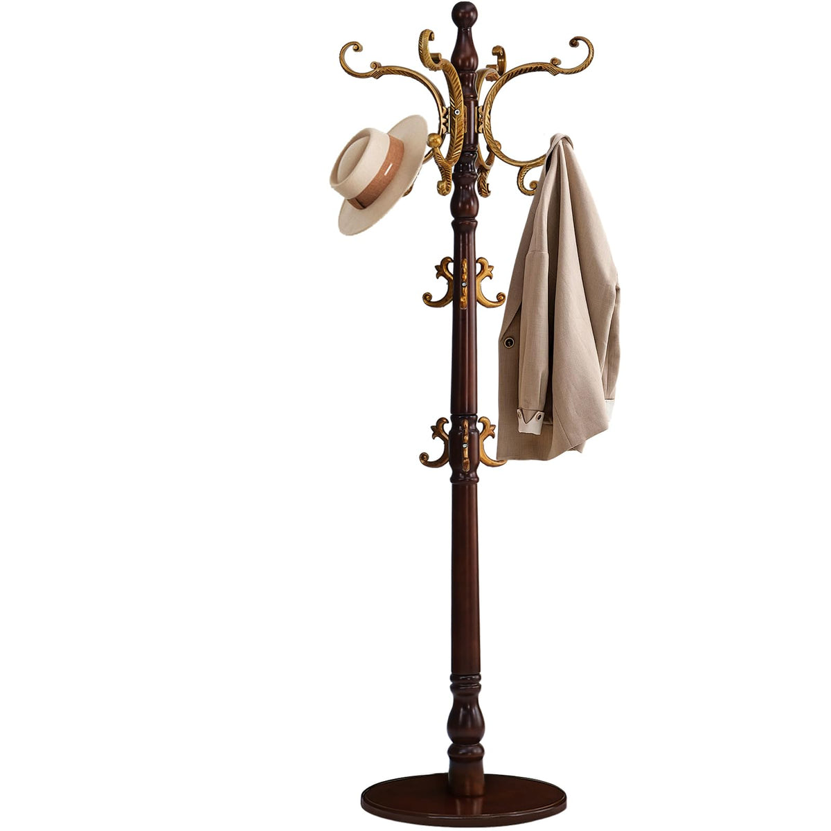 Yyzlscktt Coat Rack Freestanding, Wooden Coat Tree with Stable Round Base, Vintage Heavy Duty Coat Rack Stand with 14 Hooks, Coat Hanger Stand for Bedroom, Office, Entryway (Vintage)