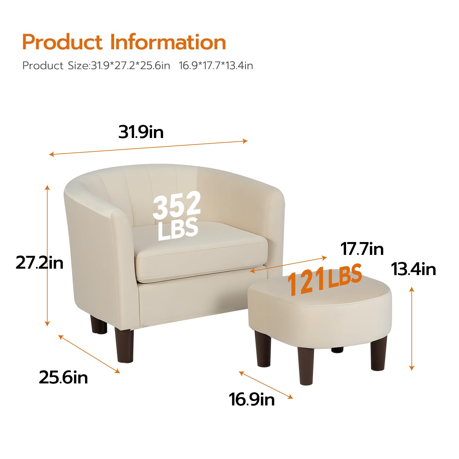 FDW Velvet Barrel Accent Chair with Ottoman, Modern Armchair with Ottoman Set, Comfortable Reading Chair for Living Room, Bedroom & Apartment Lounge, Beige