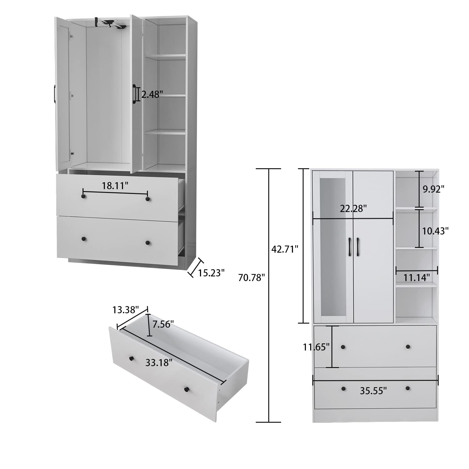Homsee Wardrobe Armoire Wooden Closet with Mirror, 2 Doors, 2 Drawers, 4 Open Storage Cubes and Hanging Rod for Bedroom, White (35.5”L x 15.8”W x 70.8”H)