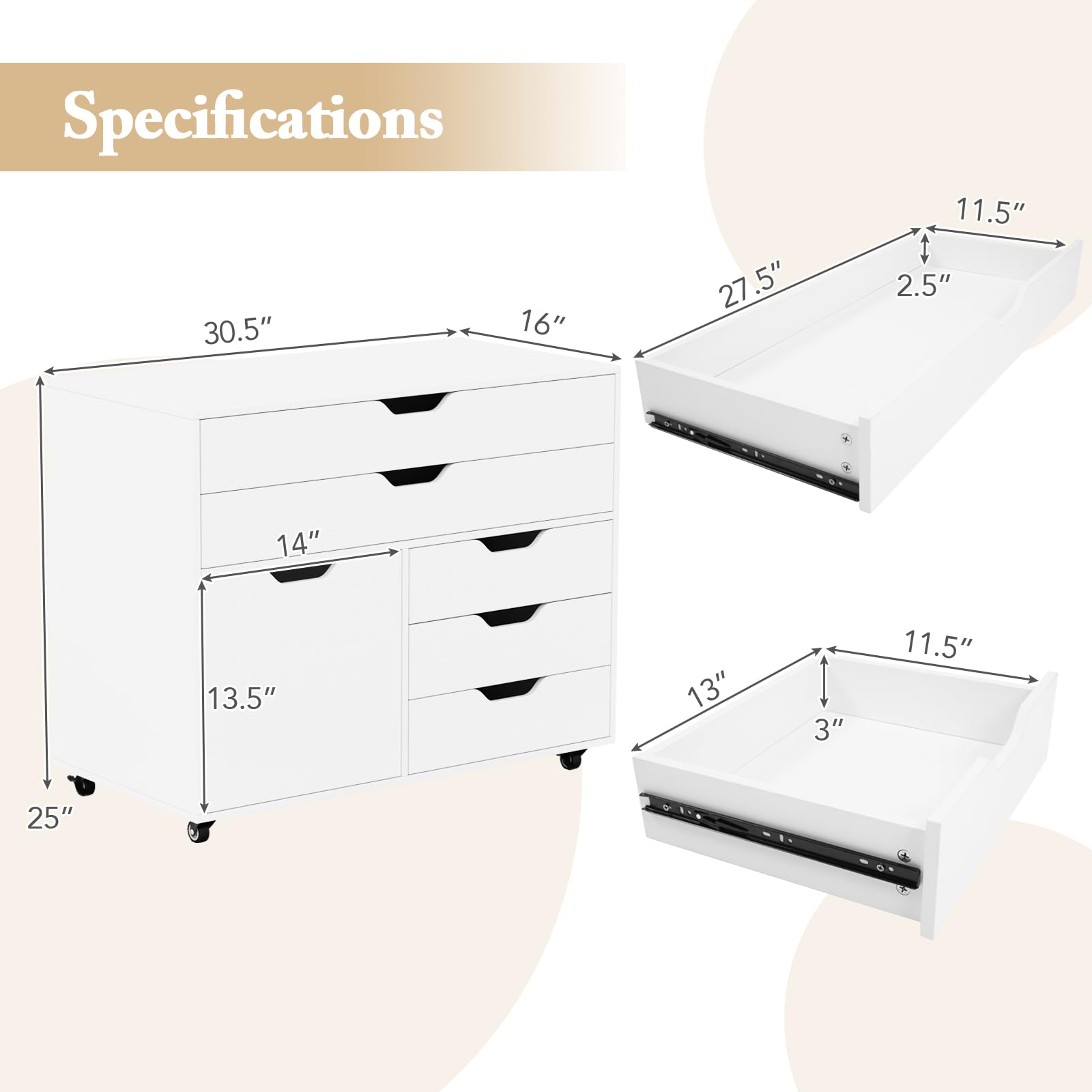 5-Drawer Mobile File Cabinet with Door & Wheels
