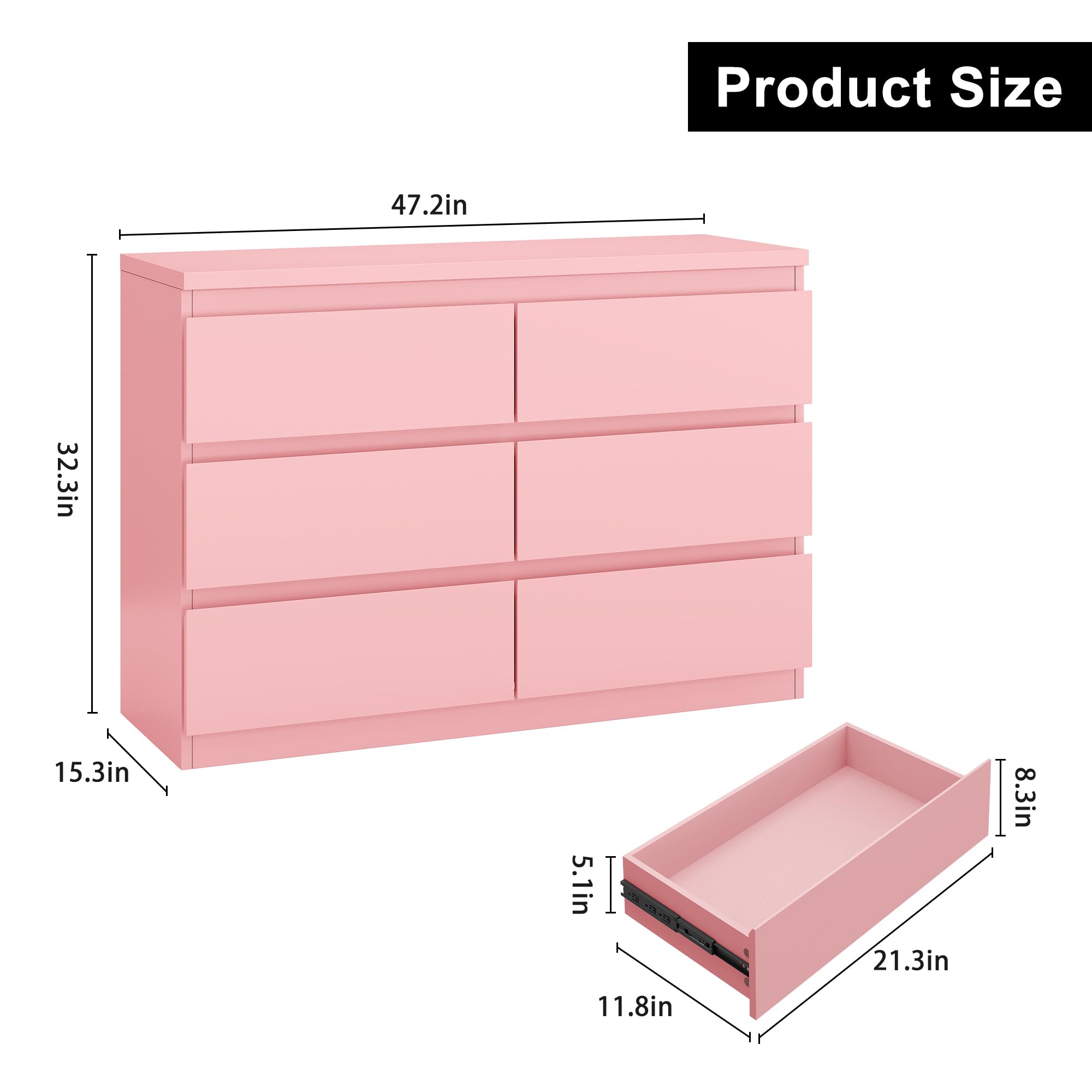 6-Drawer Pink Dresser with Metal Rails