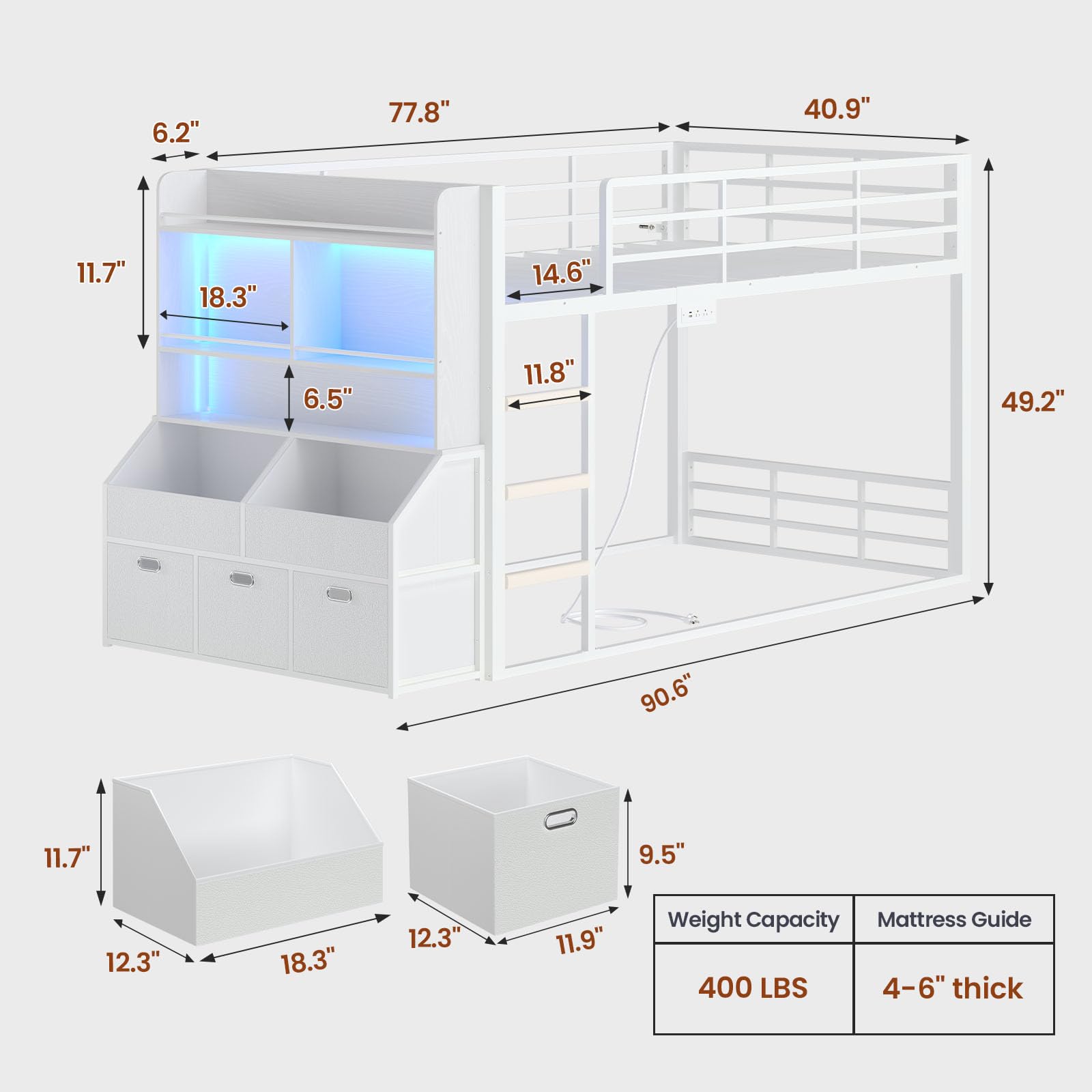 ADORNEVE Low Bunk Bed Twin Size with Bookshelf, Toy Organizer & Storage Drawers, Metal Floor Bunk Bed Twin Over Twin with RGB Lights & Charging Station, Safety Guardrail & Ladder, Small Space, White