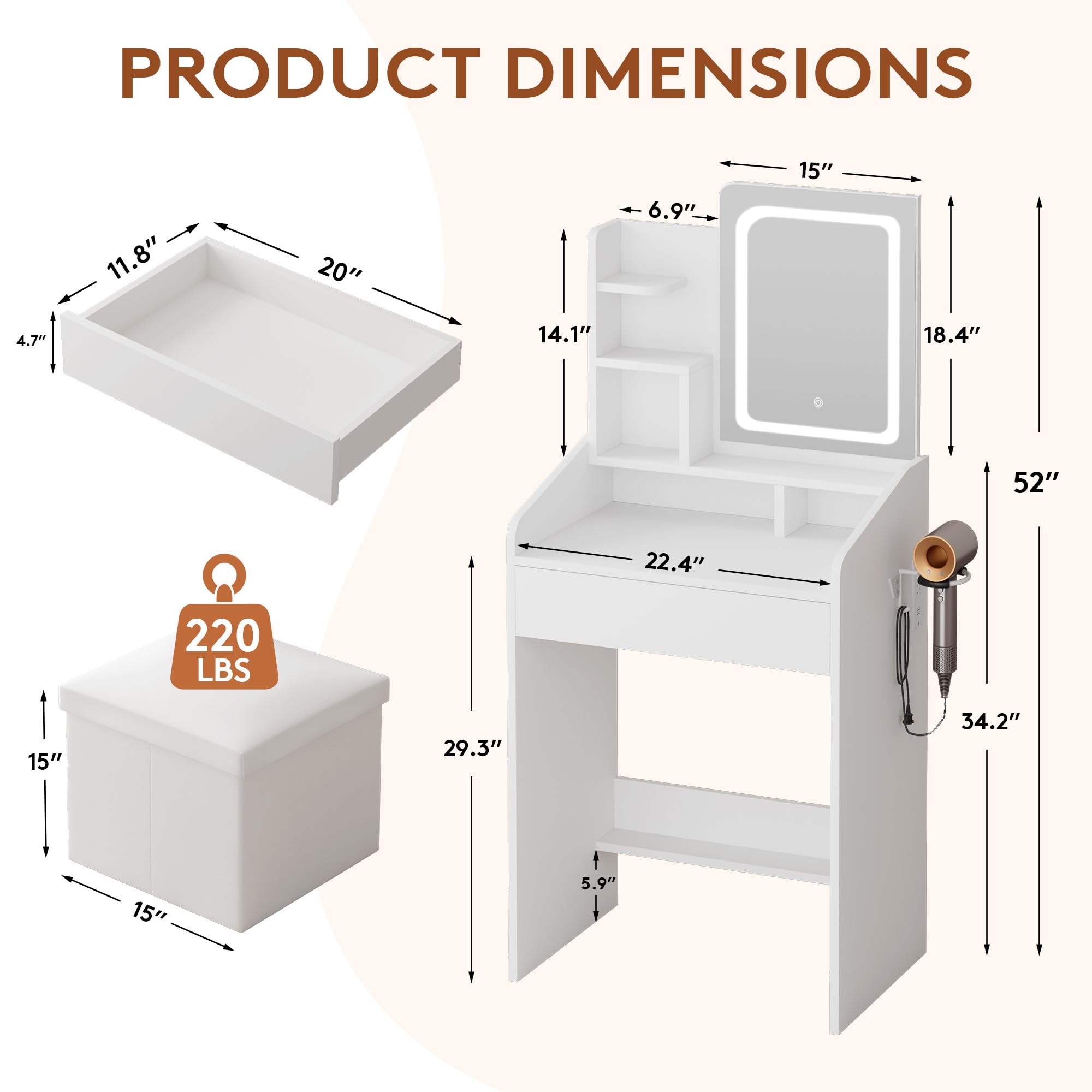 LIVELYGLOW Small Vanity Set with Lighted Mirror & Power Station, 24" Modern White Makeup Desk with Storage Stool, HairDryer Rack, Smart LED 3-Color Lighting, Compact Dressing Vanity for Bedroom
