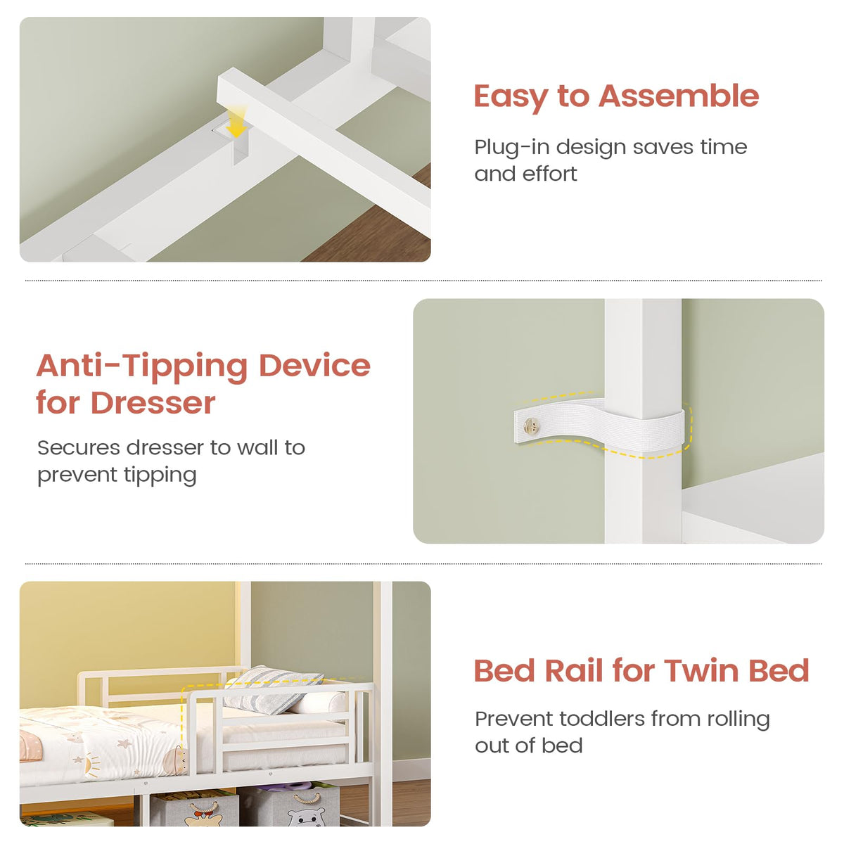 AOGLLATI Bunk Bed Twin Over Twin with 6 Storage Drawers for Kids Teens,Metal Led Loft Bed with Bedside Storage,Safety Guardrails for Small Space, No Box Spring Needed,White