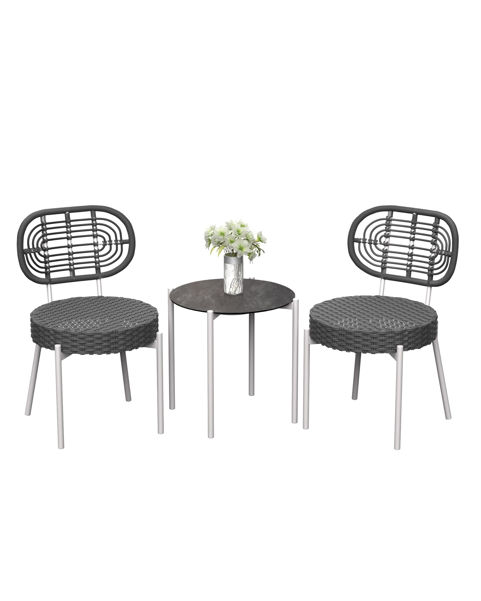 GarveeLife 3 Piece Wicker Patio Bistro Furniture Set, Outdoor Dining Chairs, Includes 2 Rattan Chairs and Tempered Glass Table, for Garden, Backyard, Balcony, Apartment, White & Grey