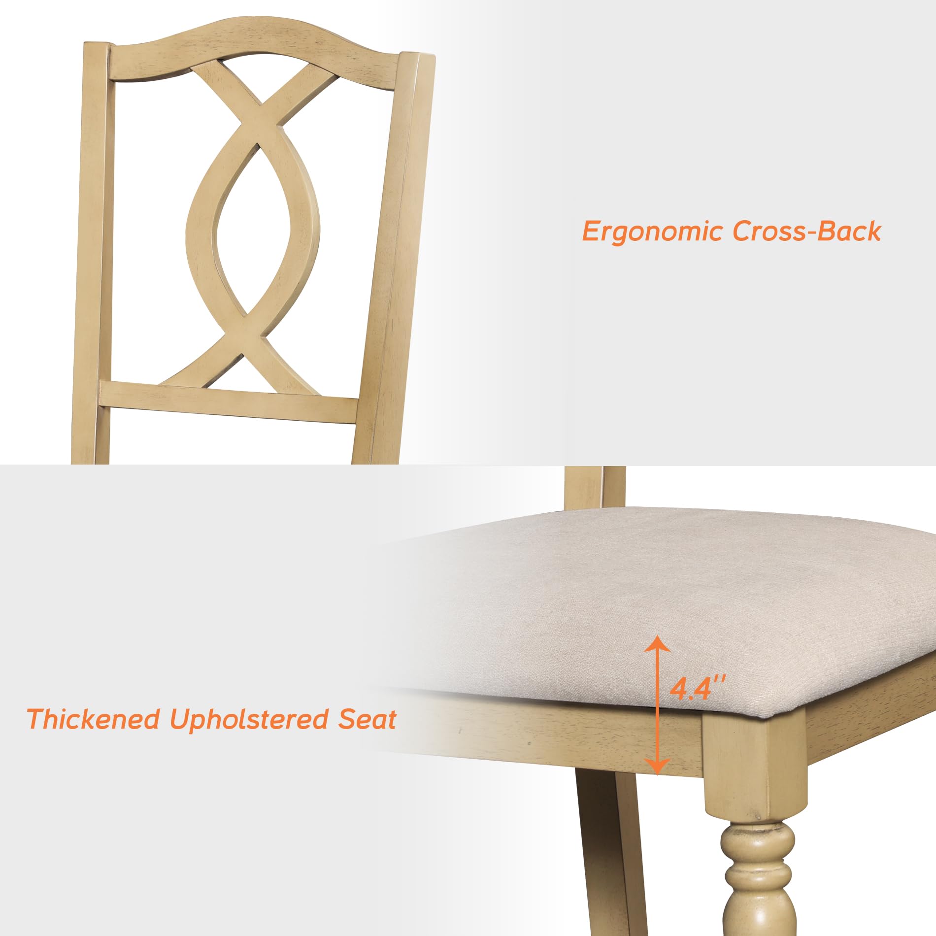 WAMPAT Dining Chairs Set of 2 Upholstered Chairs, Wood Dining Chair with Cross-Back & Rubber Wood Gourd-Shaped Leg, Farmhouse Kitchen Chair for Dining Room, Living Room, Oak