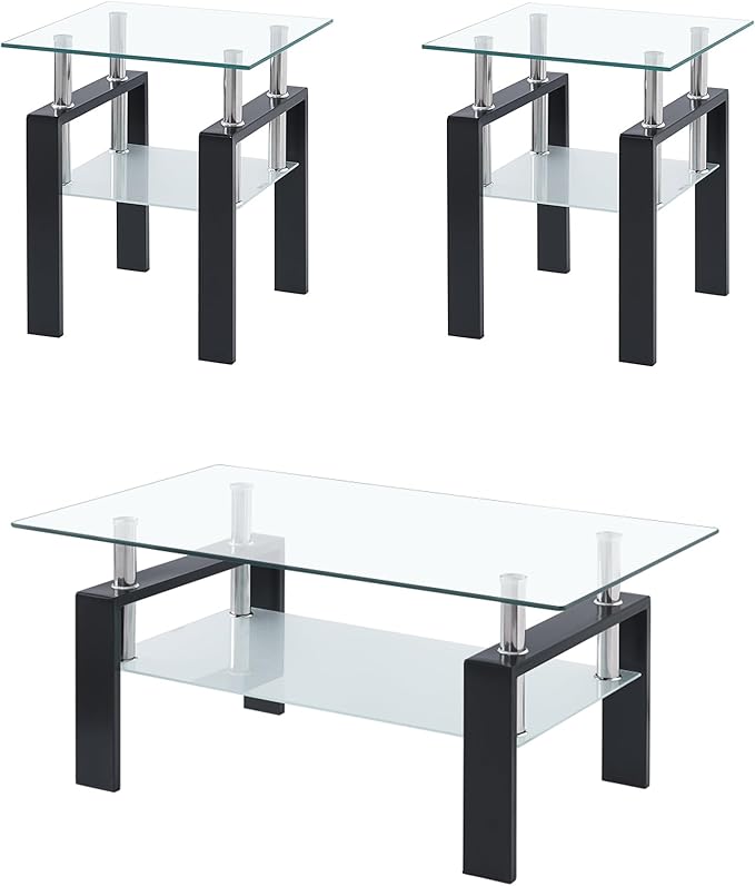 Glass Coffee Table Set of 3 with End Tables