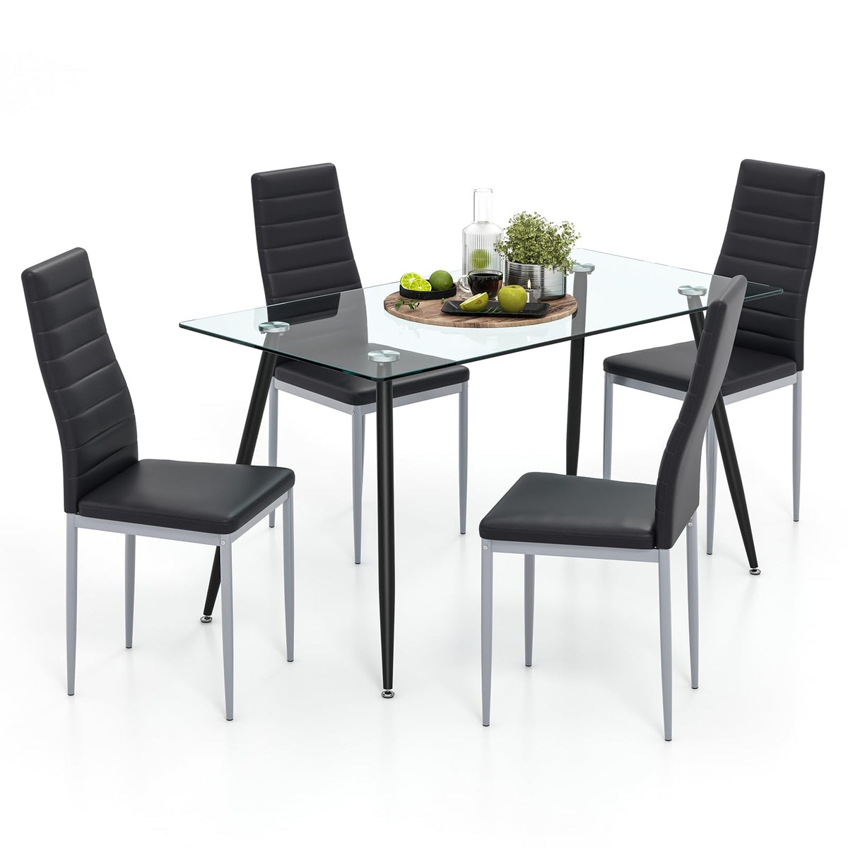 GIANTEX Dining Table Set for 4, Kitchen Table Chairs Set with 51” Rectangle Glass Table, 4 Padded Dining Chairs, Metal Structure, Dinette Table for Breakfast Nook, Living Room, Restaurant, Black