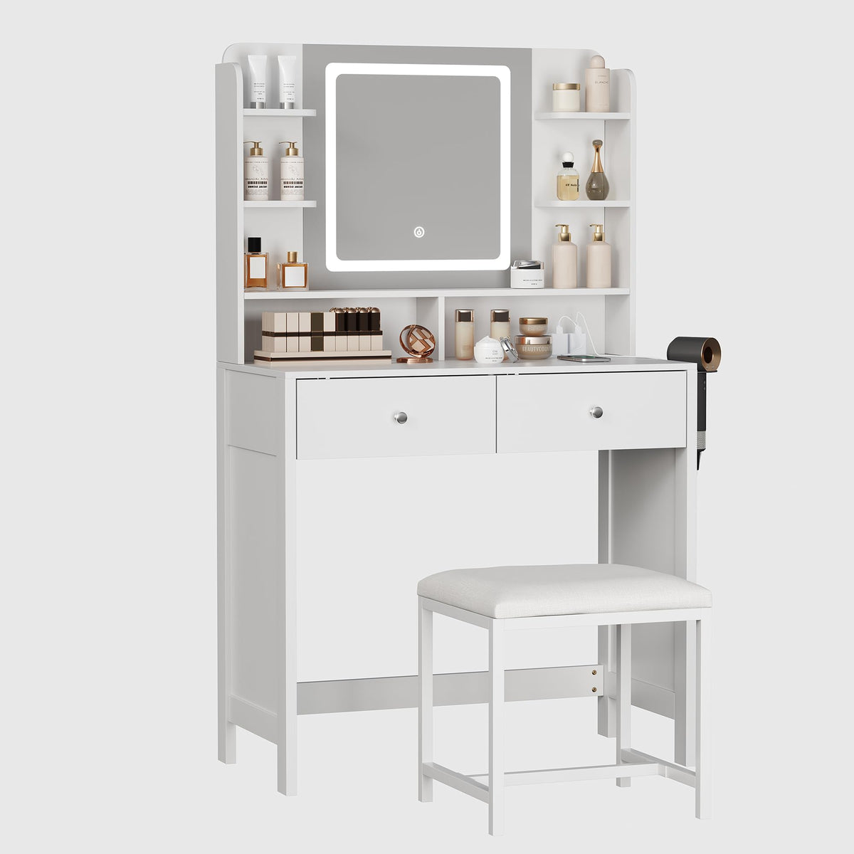 Makeup Vanity with LED Mirror and Stool