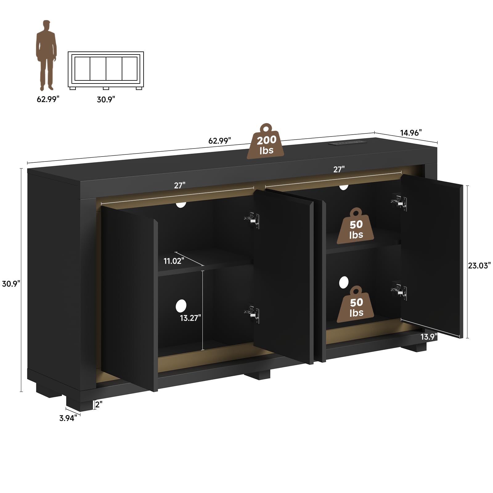 63"Sideboard Buffet Cabinet,Kitchen Buffet Storage Cabinet with Power Outlets & LED Light, Modern Storage Cabinet with 4 Doors,Coffee Bar Console Wine Bar for Living Room,Kitchen,Hallway (Black)