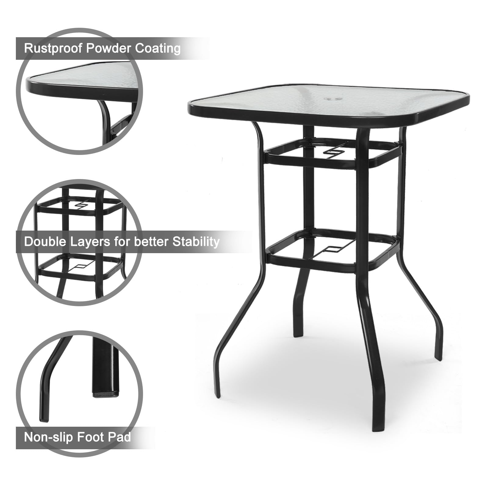 VINGLI Outdoor Bar Table with Umbrella Hole, Modern Black Metal Patio Bar Table, High Top Table for Outdoor Relaxation and Home Entertaining (Black, 31.5'x31.5'x40.3')