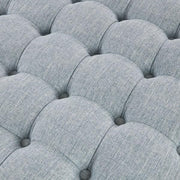Martha Stewart Cocktail Ottoman for Living Room Fully Upholstered, Button Tufted Round Ottoman Footrest, Pleated Skirt, Extra Seating Bedroom Ottoman Furniture Decor, Terry, 32" W, Light Blue