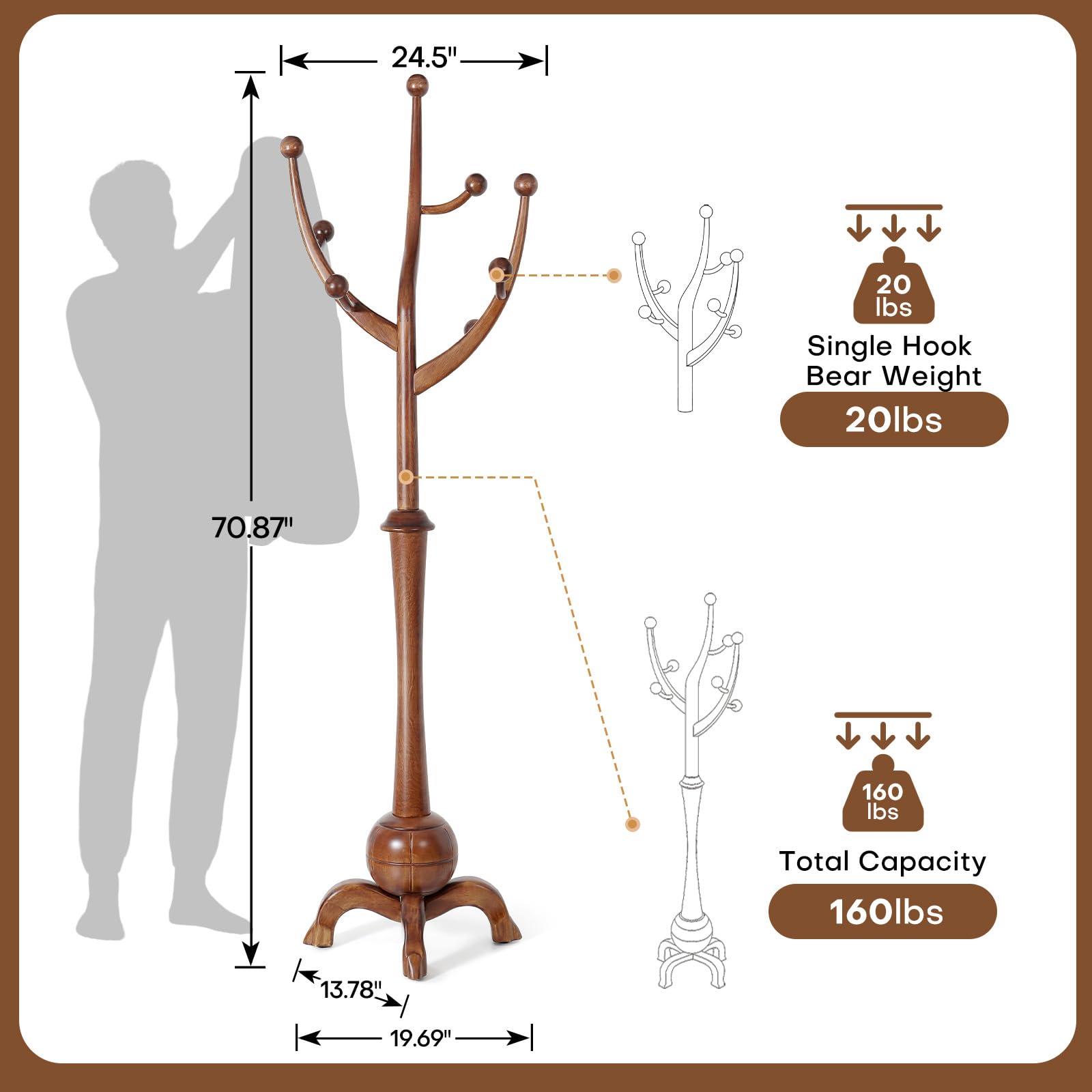 Freestanding Wooden Coat Rack with 8 Hooks