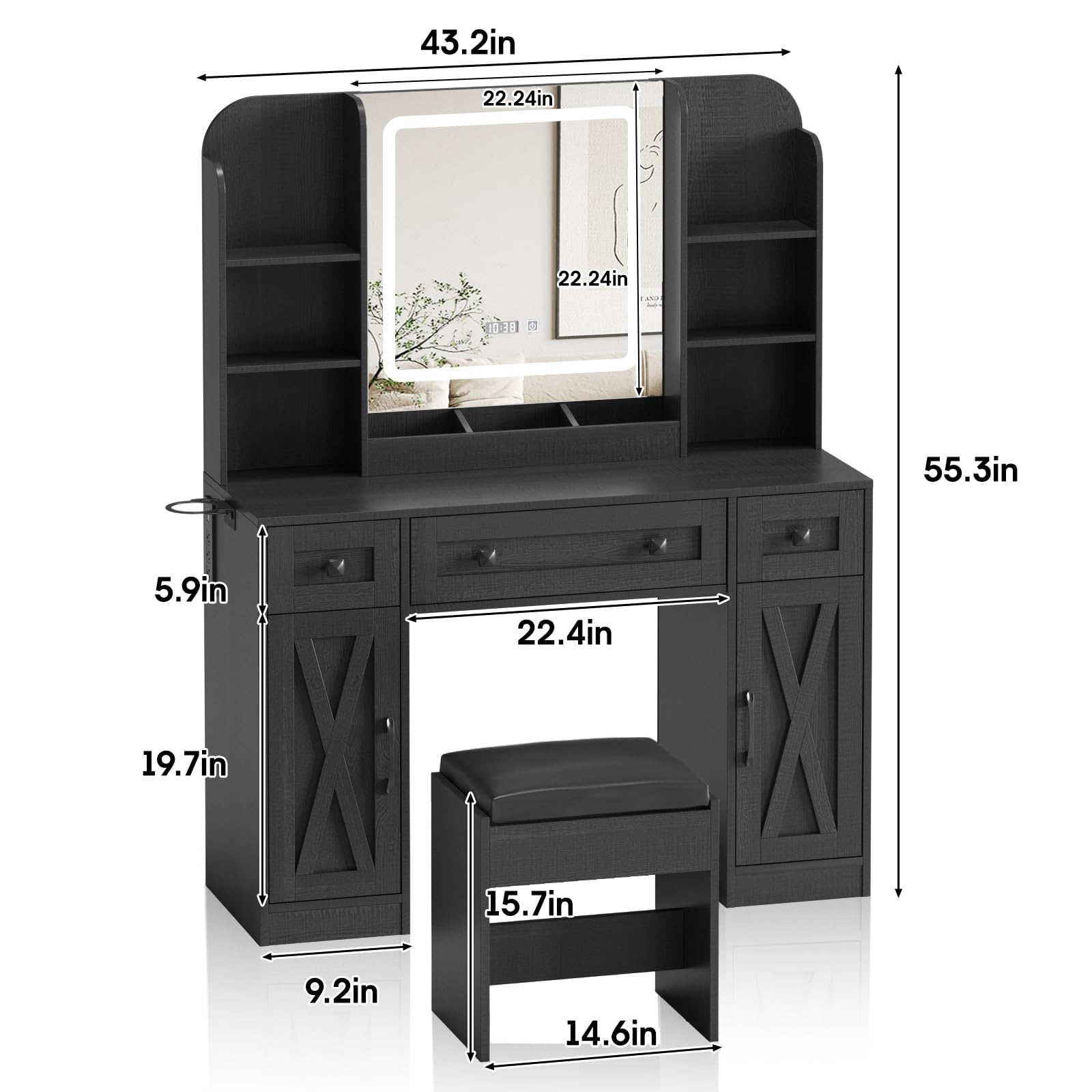 Vabches Black Vanity Desk, Vanity Mirror with Lights, Makeup Desk with Stool, Makeup Table with Large Storage Drawers and Shelves, Time and Temperature Display, 3 Led Lighting Modes Adjustable
