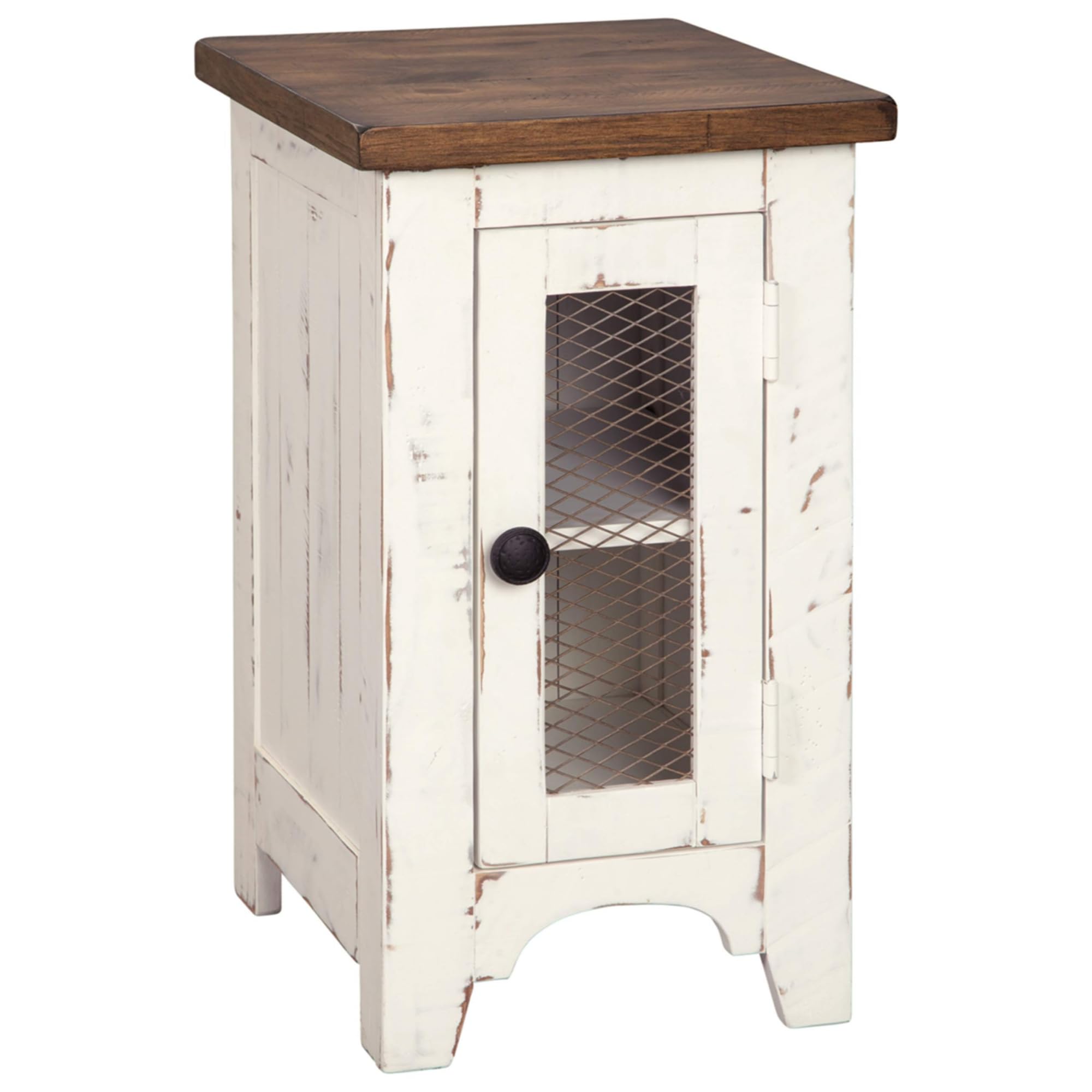 Farmhouse Chairside End Table with Cabinet Door & Metal Grill