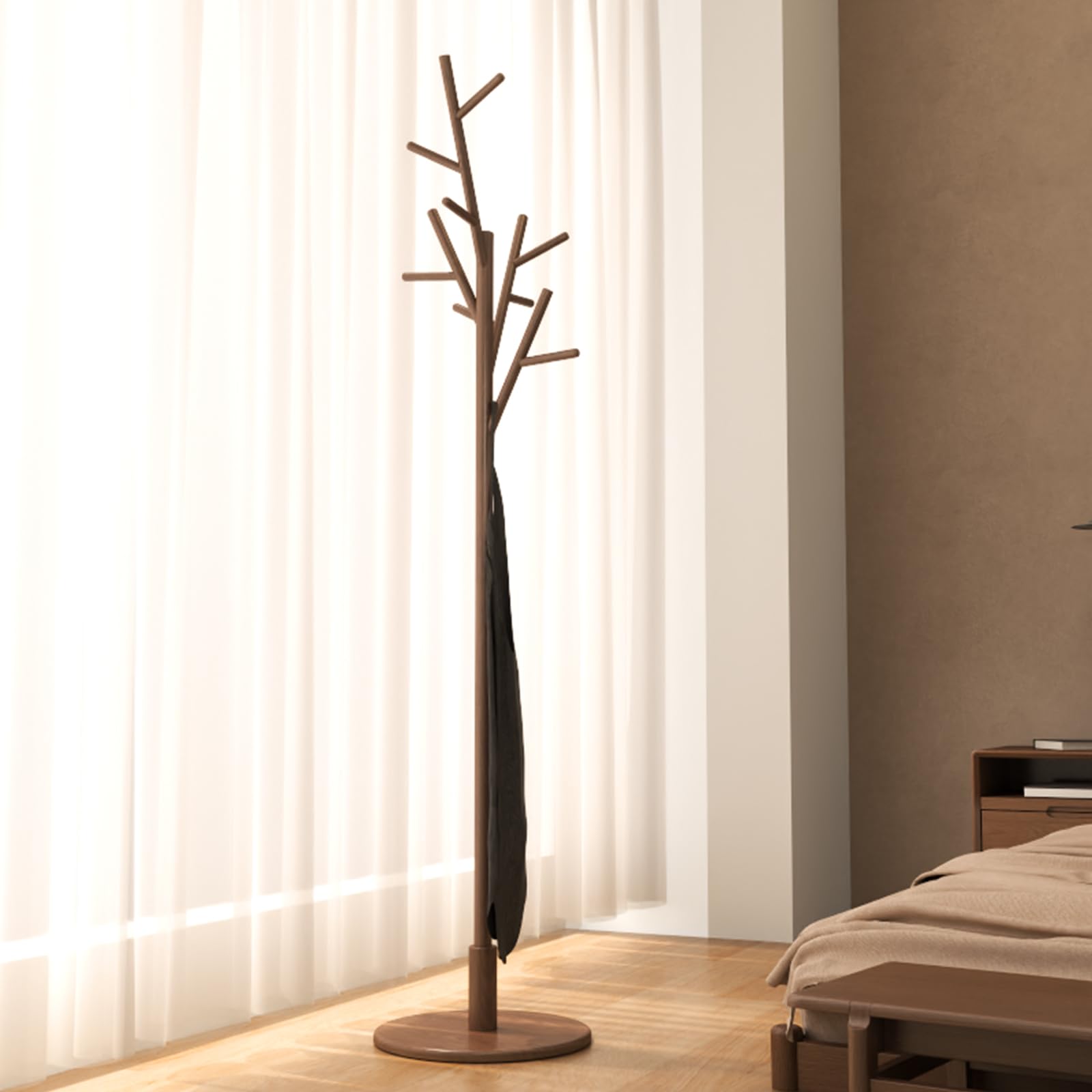 Freestanding Wood Coat Rack with 12 Hooks
