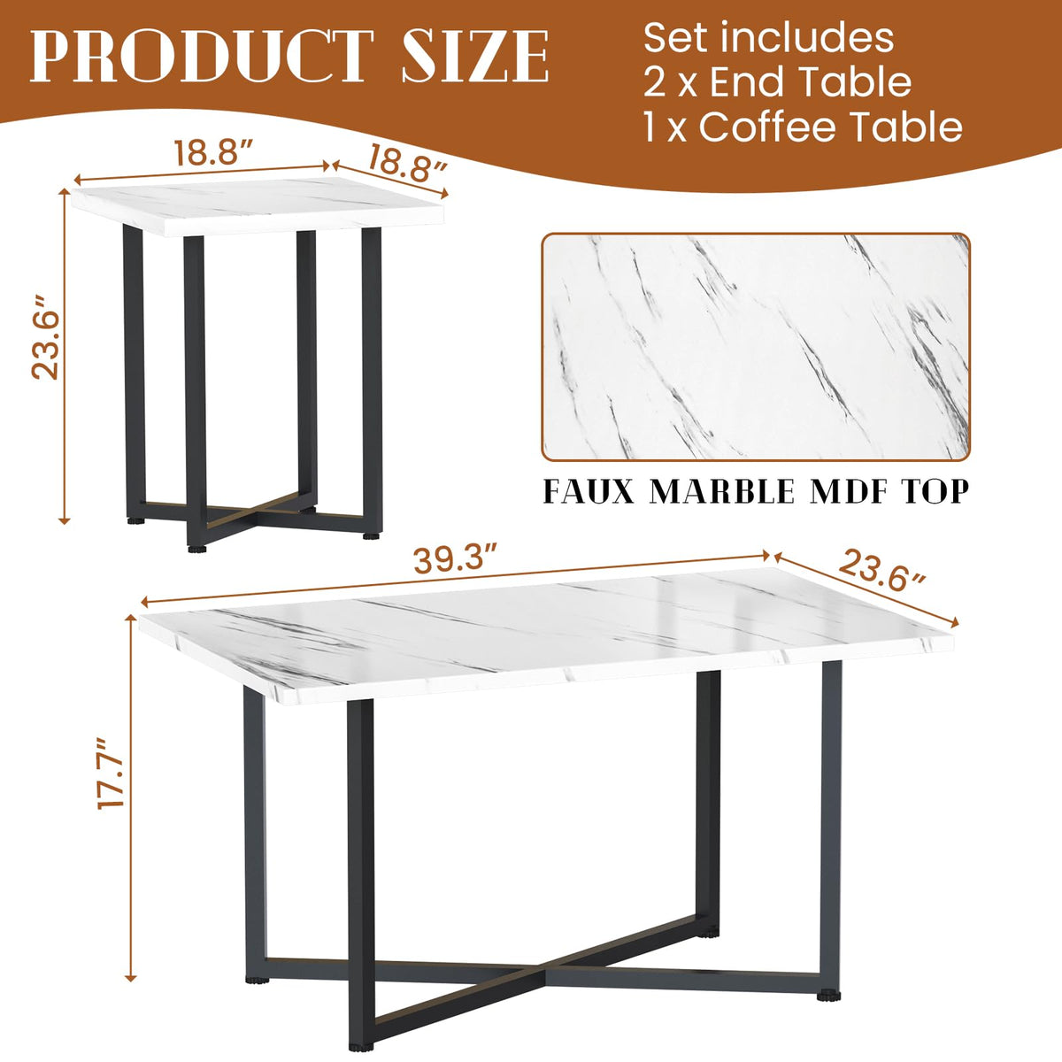 White Faux Marble Coffee Table Set