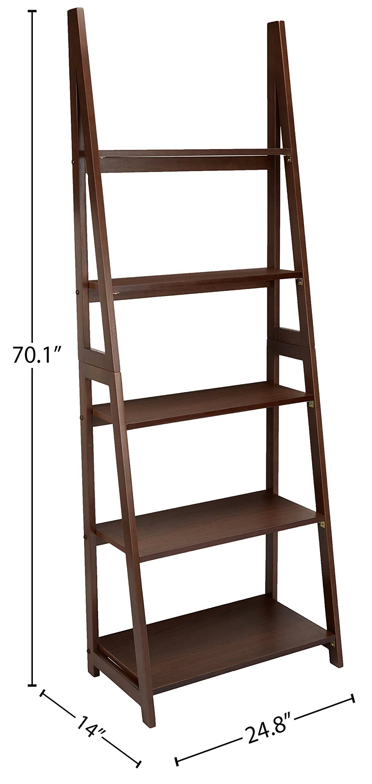 Amazon Basics 5-Tier Ladder Bookshelf Storage Organizer, Solid Rubberwood Frame, Space-Saving Bookcase, Sturdy Shelves, Walnut Finish, 14" D x 24.8" W x 70.1" H