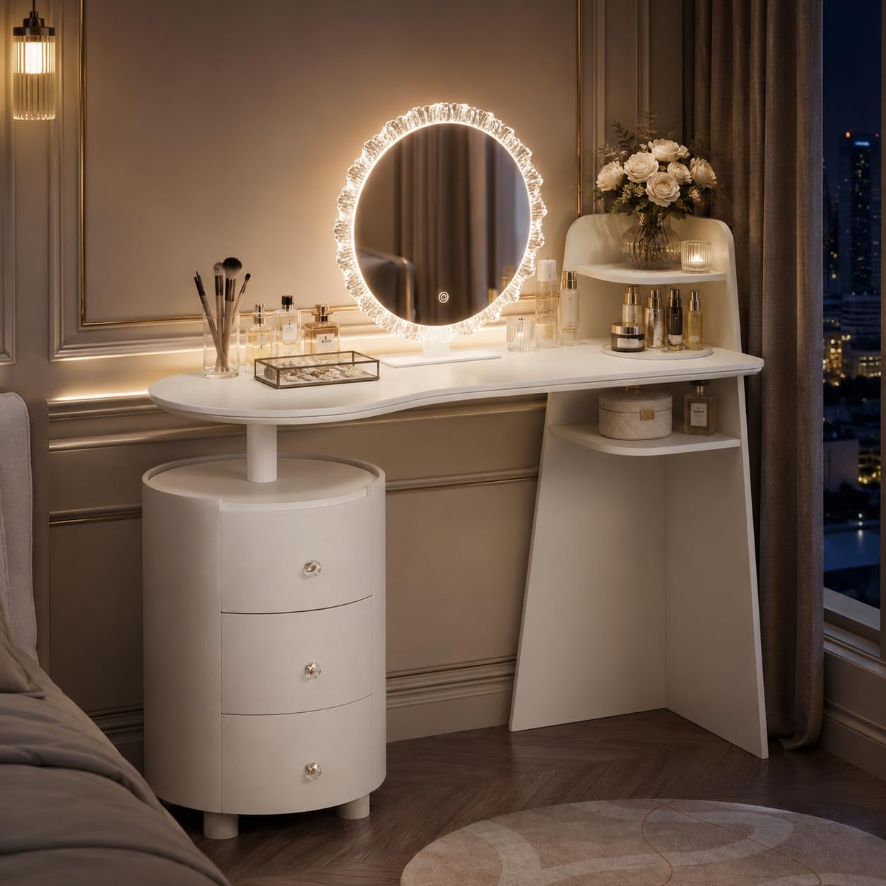 Furnistar White Vanity Desk with Mirror and Lights, Adjustable Make up Vanity with 3 Drawers, Modern Makeup Table with Curved Desktop and Shelf for Bedroom