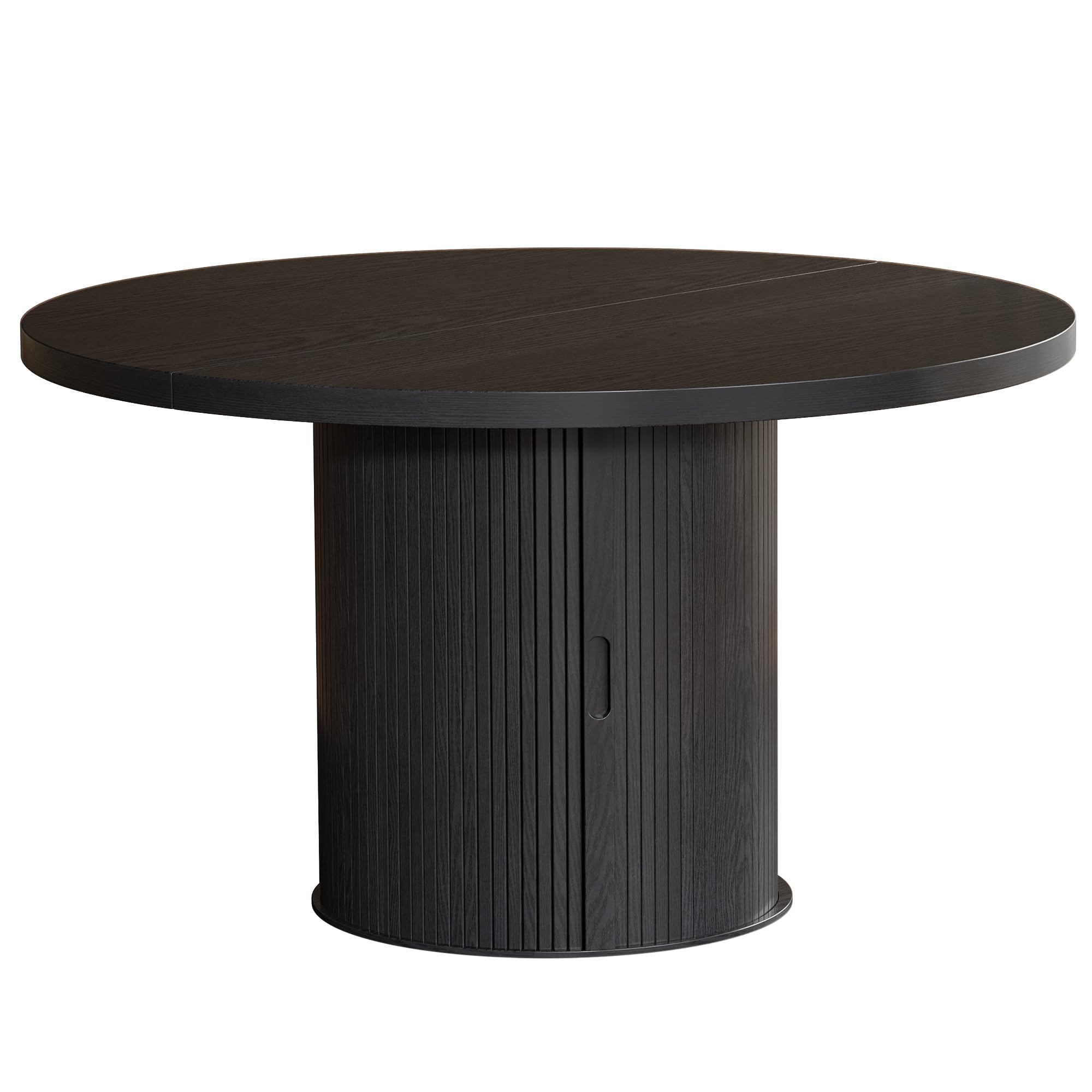 47 Inch Round Dining Table for 4-6, Farmhouse Kitchen Table with 2-Layer Storage Shelf & Drawer and Sliding Door, Sturdy Wooden Dining Table with Fluted Pedestal Base for Kitchen, Living Room, Black