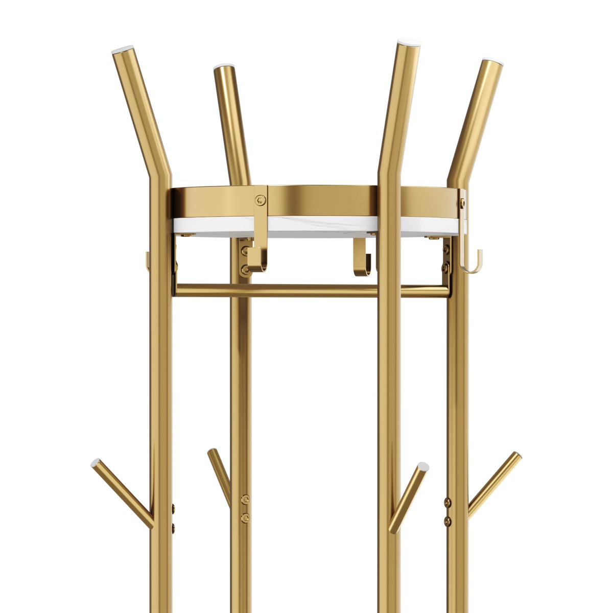 HOMEFORT Coat Rack Freestanding,Metal Coat Stand,4 Shelves,12 Hooks,Gold