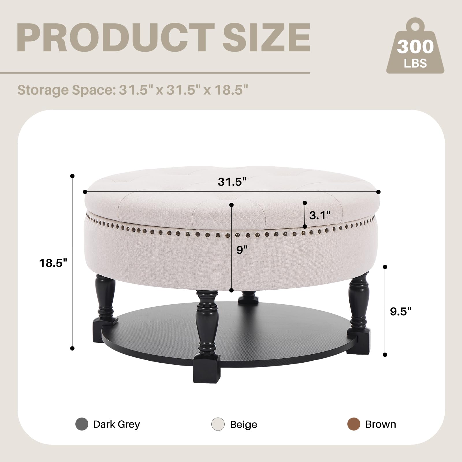 Round Storage Ottoman with Wood Shelf