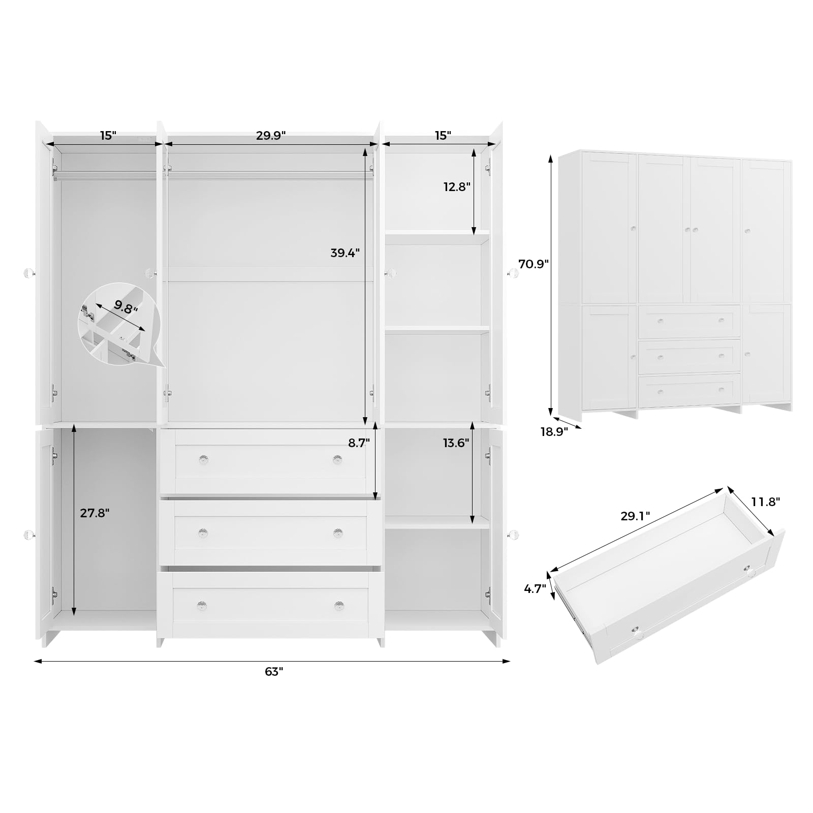 VOWNER Armoire Wardrobe Closet with Drawers and Mirror, 71" Clothing Storage Cabinet with Hanging Rod, 6 Doors Wooden Wardrobe Cabinet for Bedroom, Large Capacity Storage