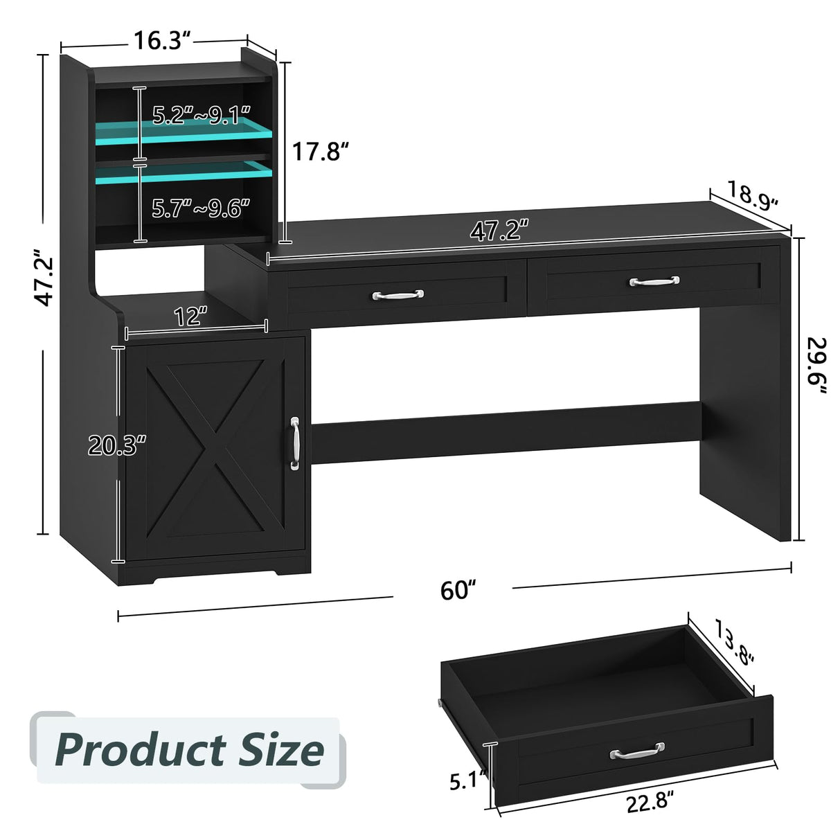 60" Computer Desk with Drawers & Bookshelves for Bedroom, Home Office