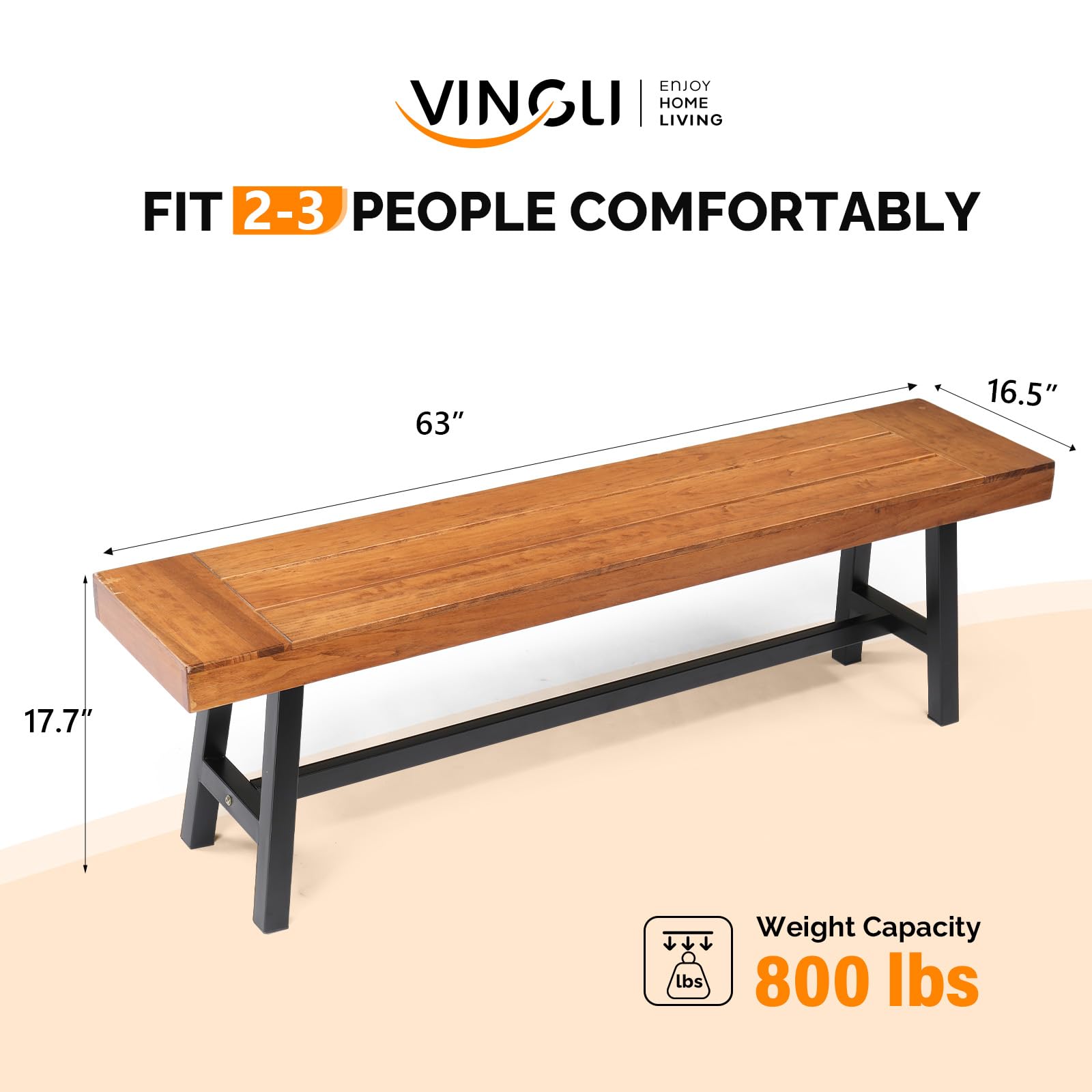 Acacia Wood Outdoor Bench with Metal Legs