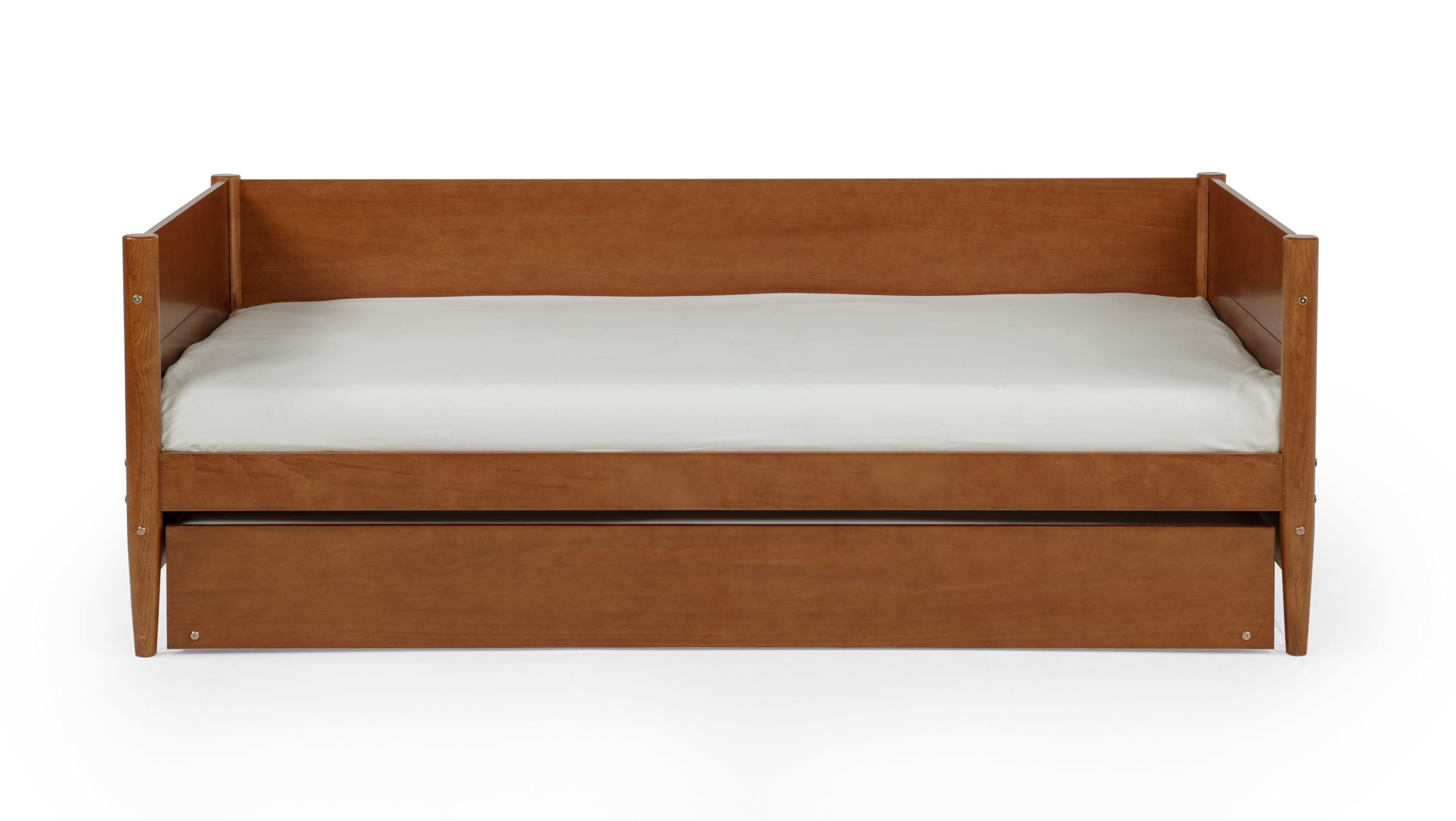 Camaflexi Mid-Century Modern Daybed & Trundle/Solid and Manufactured Wood/Panel Headboard/No Box Spring Needed/Foundation has 14 Wood Slats/Twin Trundle/Easy Assembly, Castanho Finish, Twin.