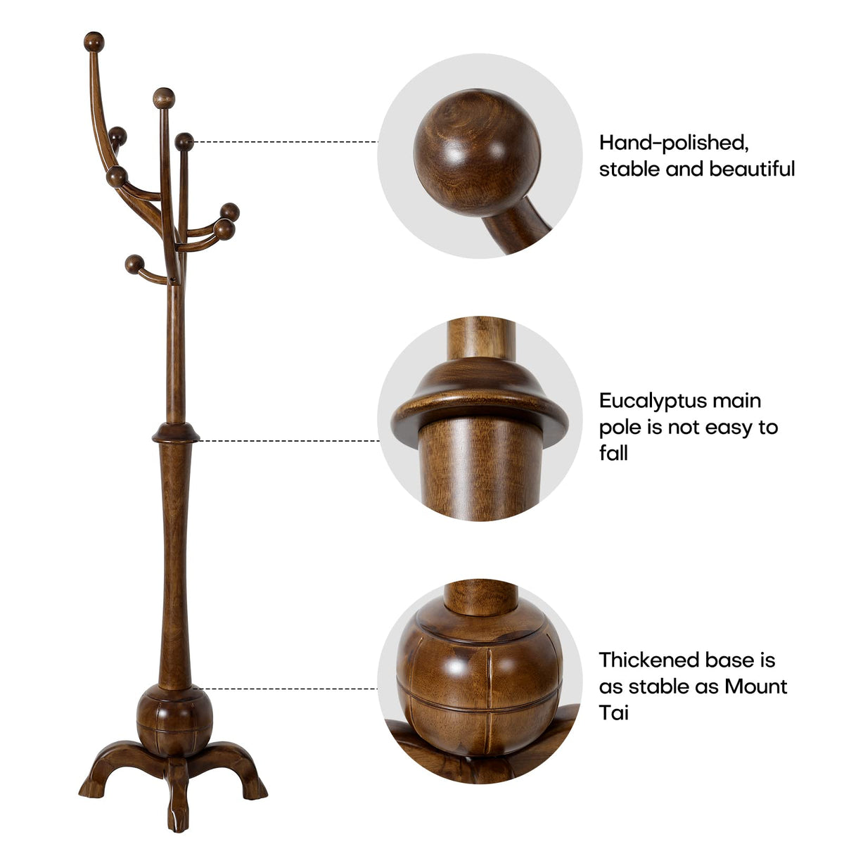 Bekrvio Coat Rack Freestanding Wood Coat Tree Rack with 8 Hooks, Walnut
