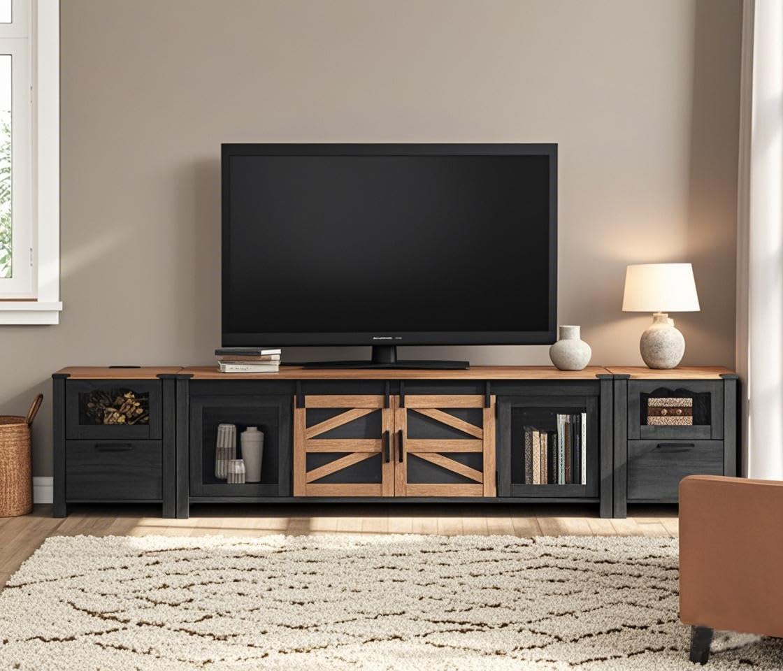 WAMPAT Farmhouse TV Stand Set for 85 inch TV, 2 in 1 Wood Universal TV Stand with Charging Station, Entertainment Center TV Console Table for Living Room, Antique Black