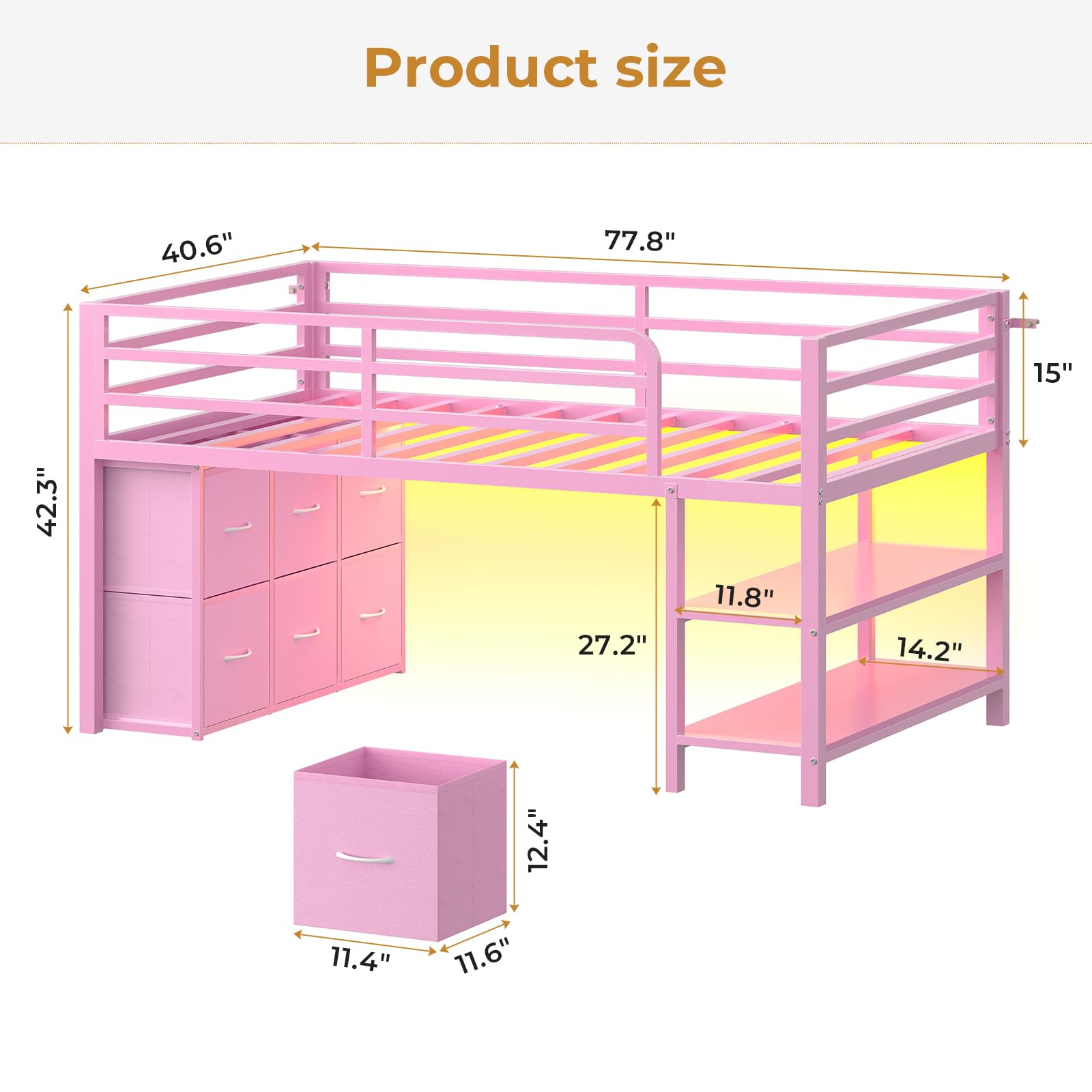 Kids Twin Low Loft Bed with LED Lights & Storage