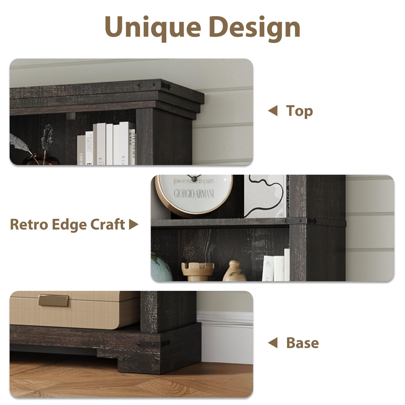 HOTLUU 5-Tier Farmhouse Bookshelf, 61.1 inch Tall Bookcase with Storage & Unique Design & One Adjustable Shelf, Wooden Bookshelf for Study Room, Living Room, Home Office, Bedroom (Black)