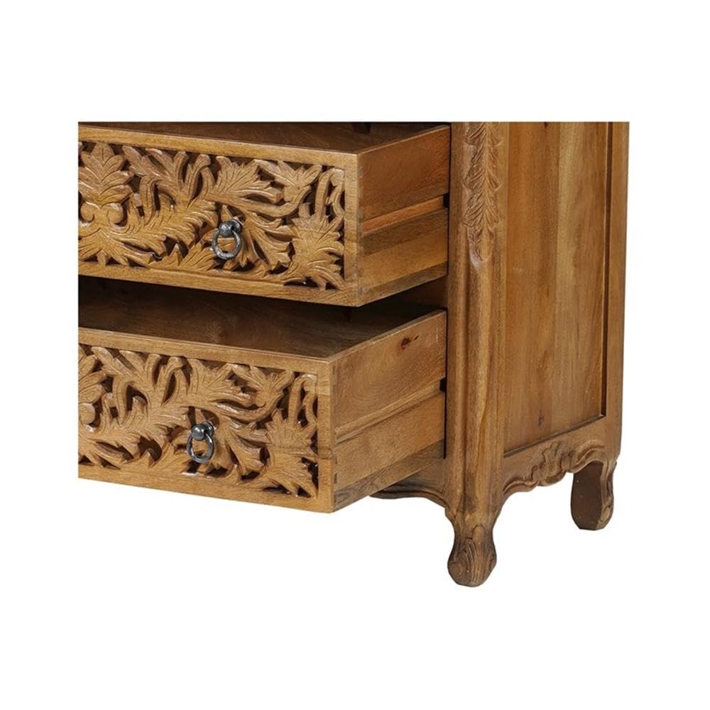 Pemberly Row Solid Mango Wood 6-Drawer Tall Chest, 54 Inch, Brown Finish, Floral Carved Accents, Space-Saving Vertical Design for Bedroom Storage, Fully Assembled