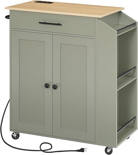 Rolling Kitchen Island with Storage, Spice Rack & Charging Station