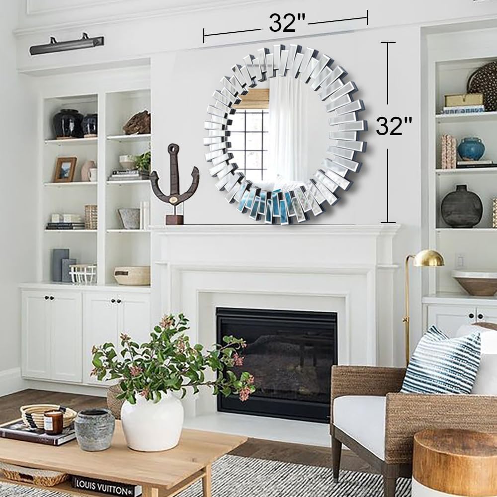 Round Sunburst Wall Mirror with Beveled Glass Frame