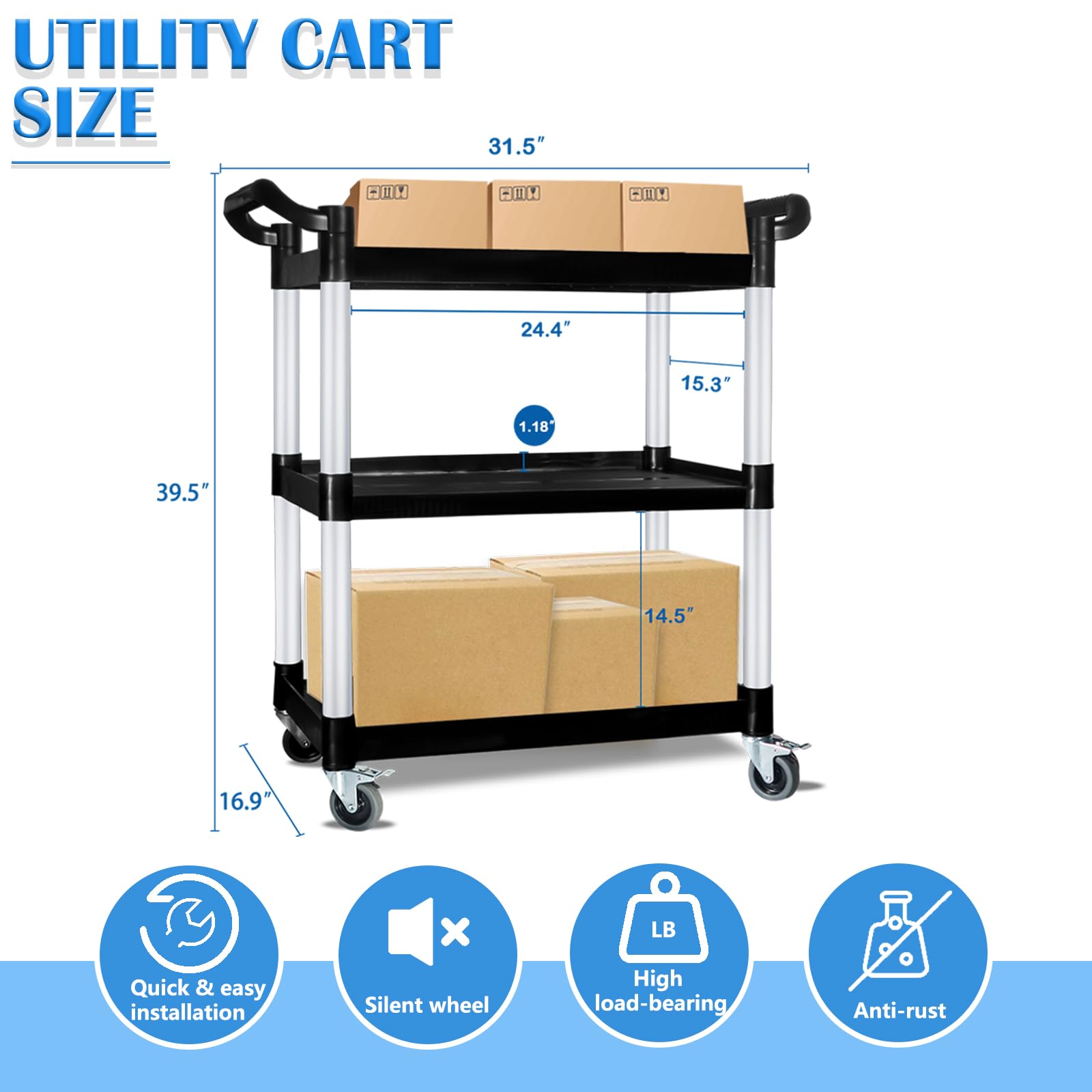 3-Tier Rolling Utility Cart with Wheels