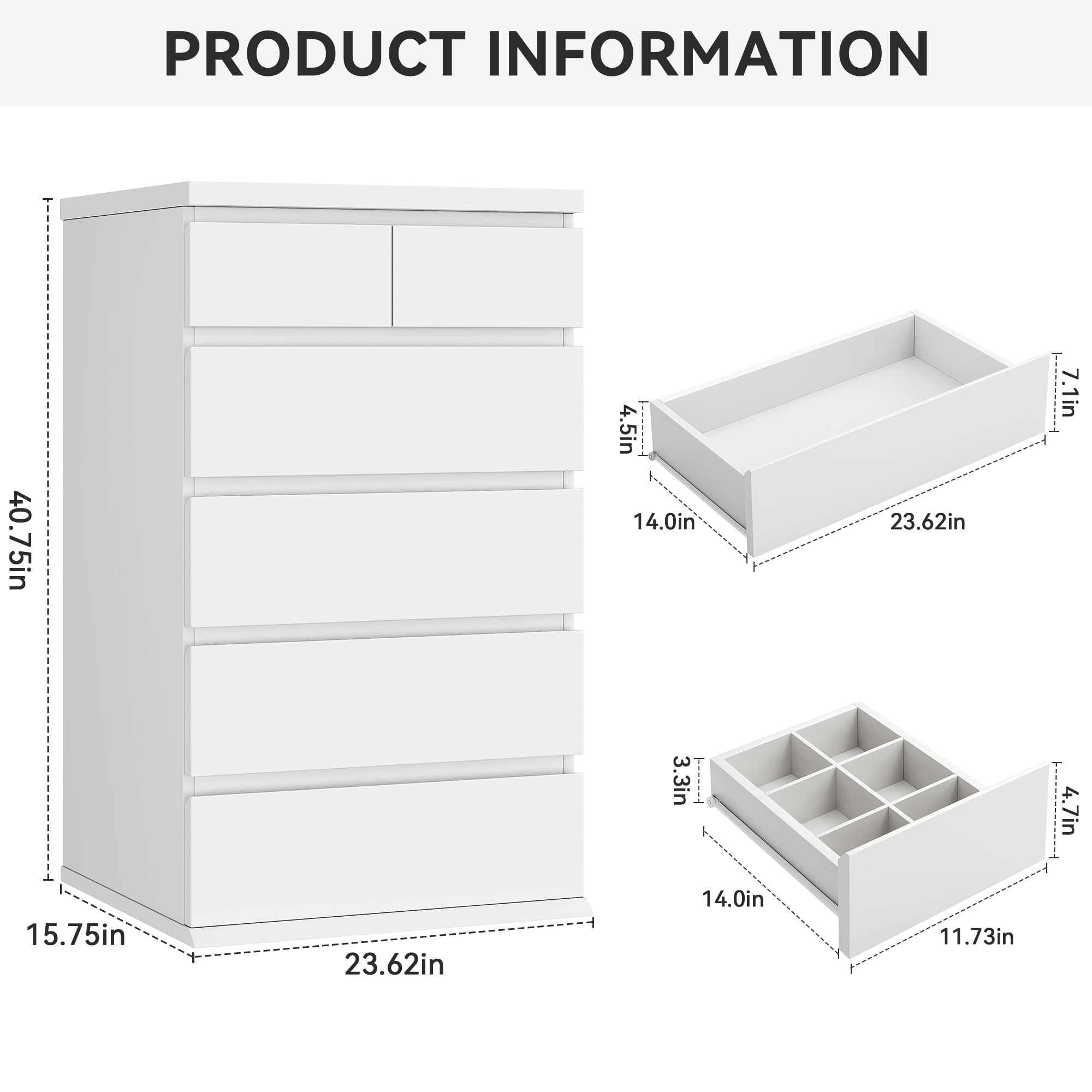 Jocoevol White Tall 6 Drawer Dresser for Bedroom,Dressers & Chests of Drawers with Jewelry Storage,Wood Storage Dresser with Deep Drawers for Living Room Hallway Entryway(40.75" L*23.62" W*15.75")