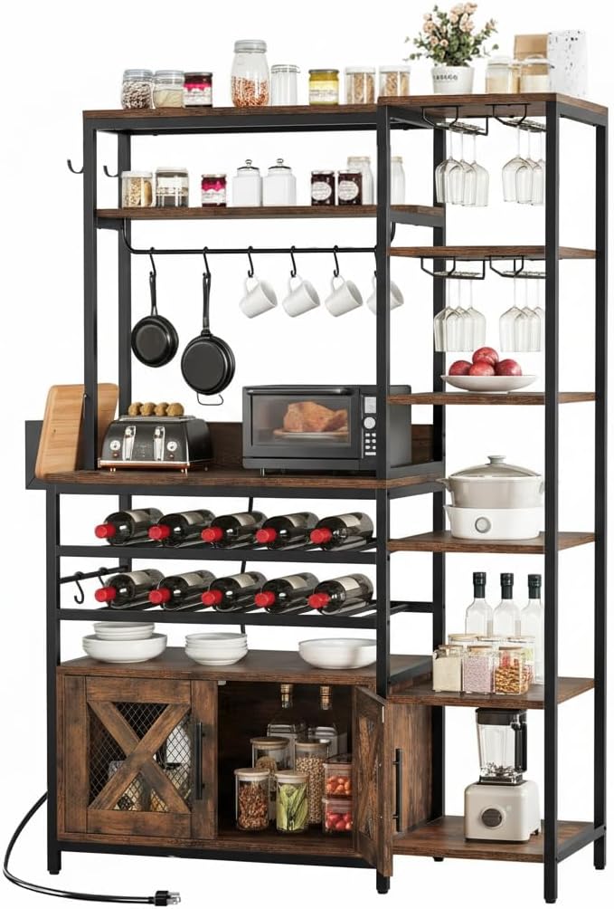6-Tier L-Shaped Bar Cabinet with Wine Rack & Power Outlet