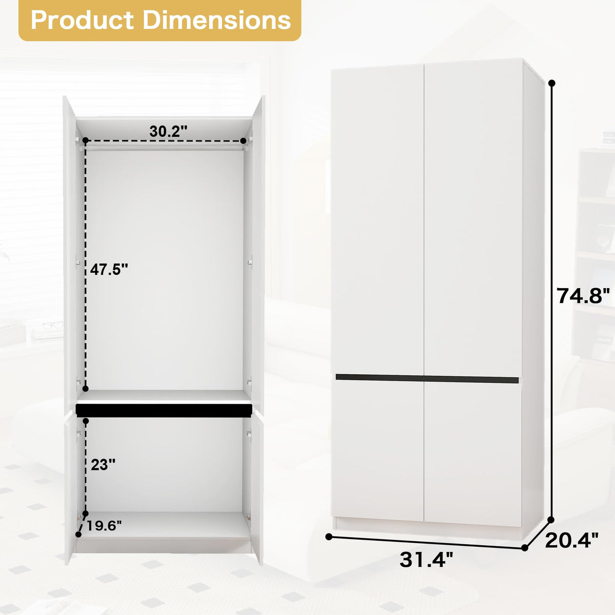White Armoire Wardrobe Closet with 2 Doors: 75" H x 31.5" W