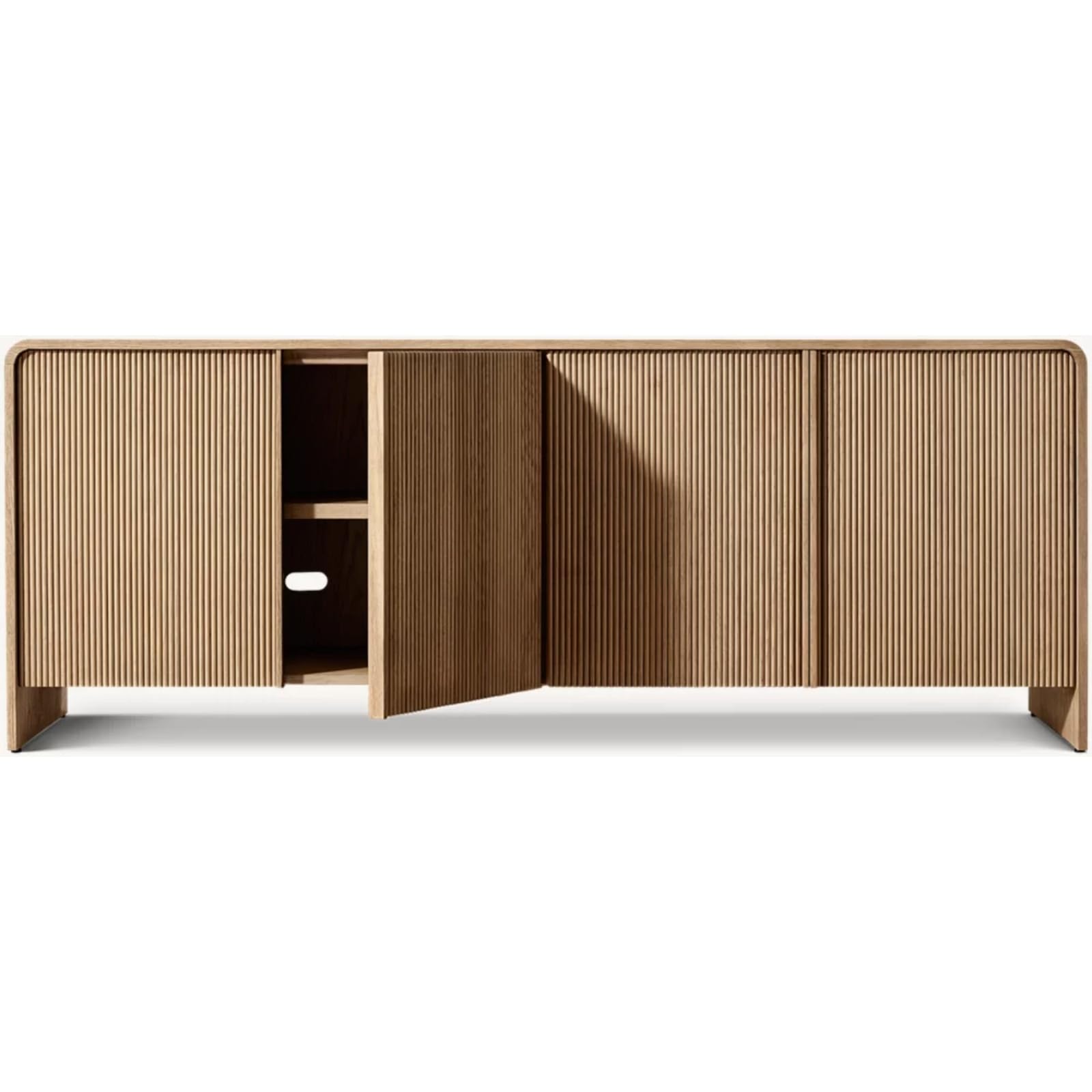 60" Reeded White Oak Sideboard Buffet, 4-Door Credenza with Adjustable Shelves & Cord Cutouts, Natural Oak