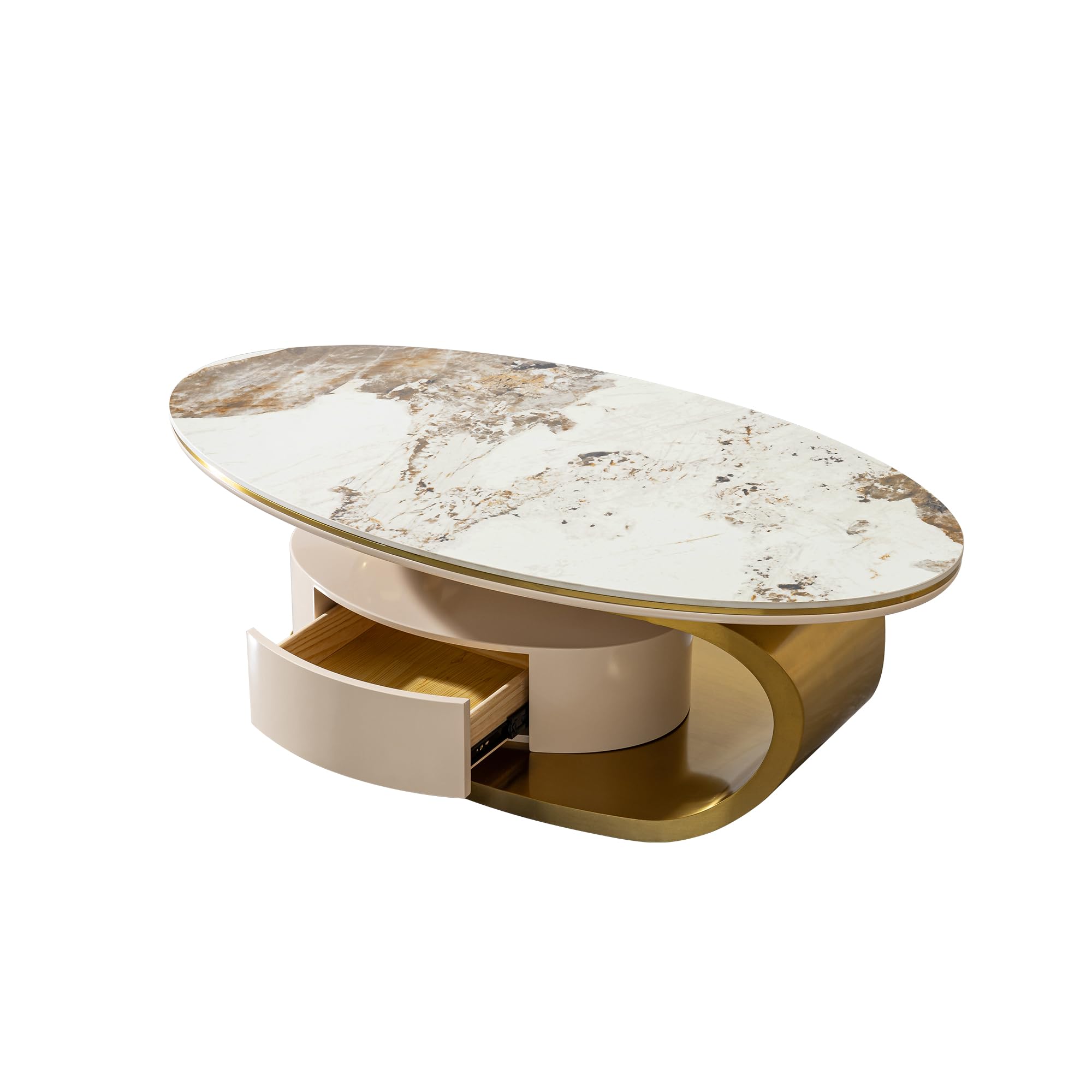 Oval Coffee Table with Faux Stone Top & Gold Steel Base
