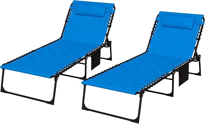 Folding Chaise Lounge Chair Set of 2, 5-Level Reclining with Headrest & Side Pocket